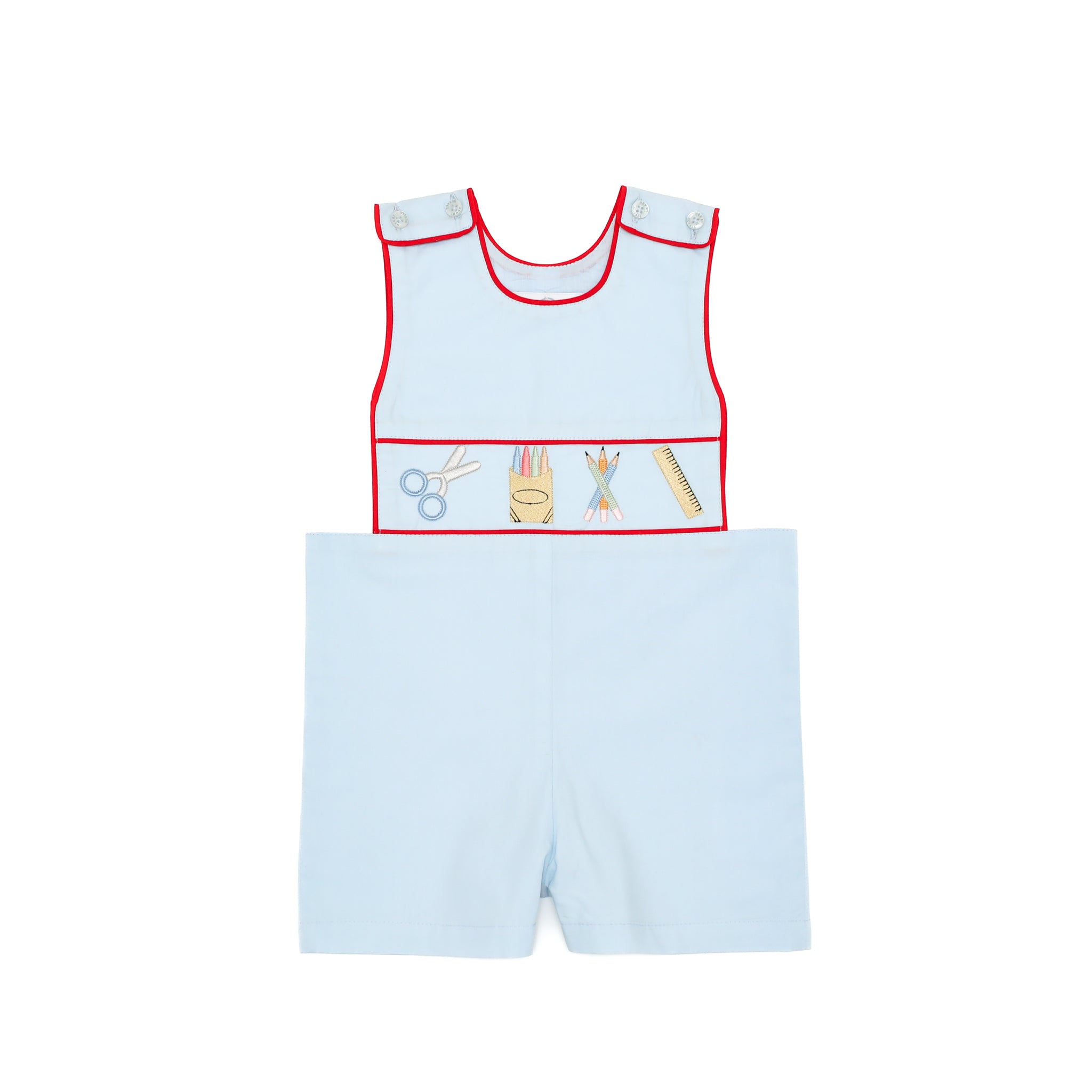 Henry Duvall Jennings Jon Jon with back-to-school embroidery, classic blue toddler boys romper with red trim and heirloom stitching of crayons, scissors, pencils, and ruler