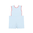 Henry Duvall Jennings Jon Jon with back-to-school embroidery, classic blue toddler boys romper with red trim and heirloom stitching of crayons, scissors, pencils, and ruler