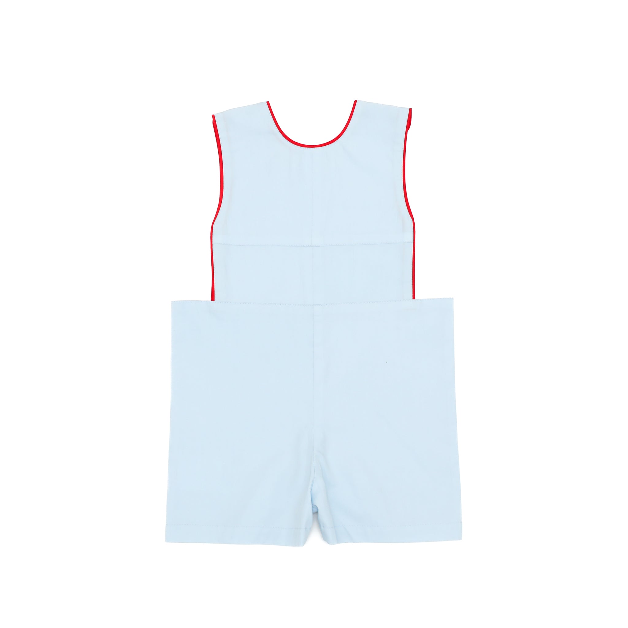 Henry Duvall Jennings Jon Jon with back-to-school embroidery, classic blue toddler boys romper with red trim and heirloom stitching of crayons, scissors, pencils, and ruler