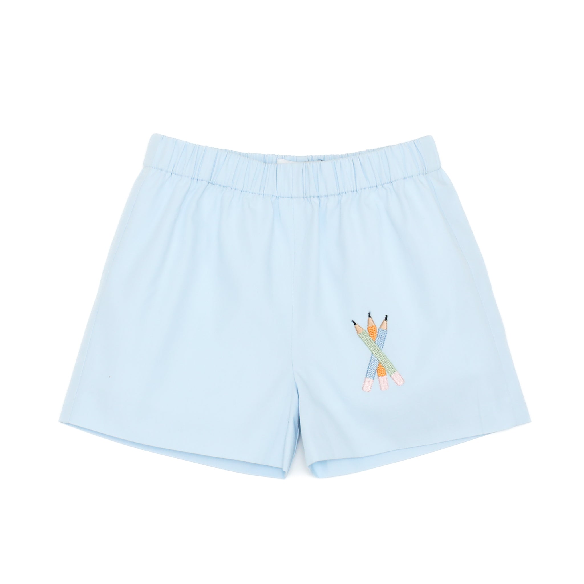Henry Duvall Liam Shorts in light blue with pencil embroidery, classic boys back-to-school shorts with heirloom stitching for ages 2T to 8