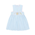 Henry Duvall Leila Dress with back-to-school embroidery, classic blue girls cotton dress with pink trim and heirloom stitching featuring crayons, scissors, and pencils
