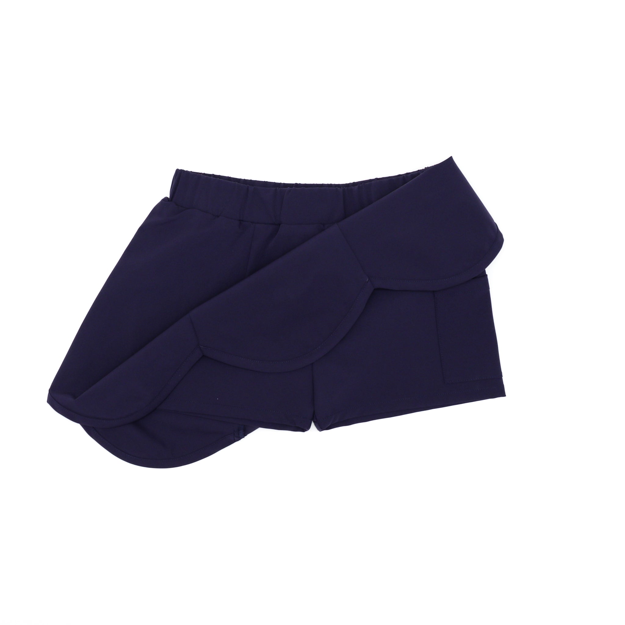 Henry Duvall Scalloped Skort in khaki or navy, performance fabric school skort with scalloped hem, built-in shorts, and hidden pocket—designed by girls for girls