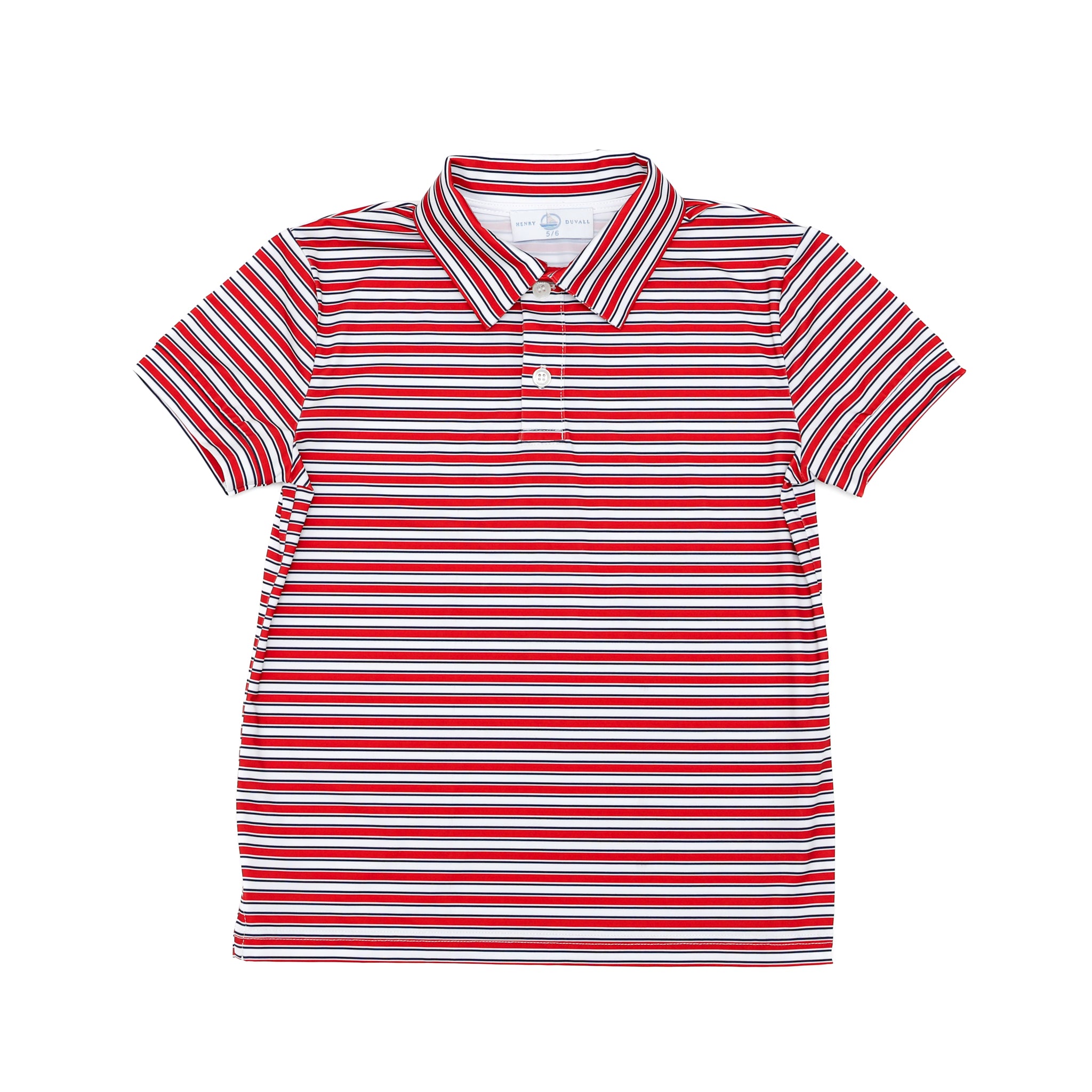 Henry Duvall Match Point Polo in red and white stripes with optional apple embroidery, classic boys back-to-school polo in lightweight performance fabric
