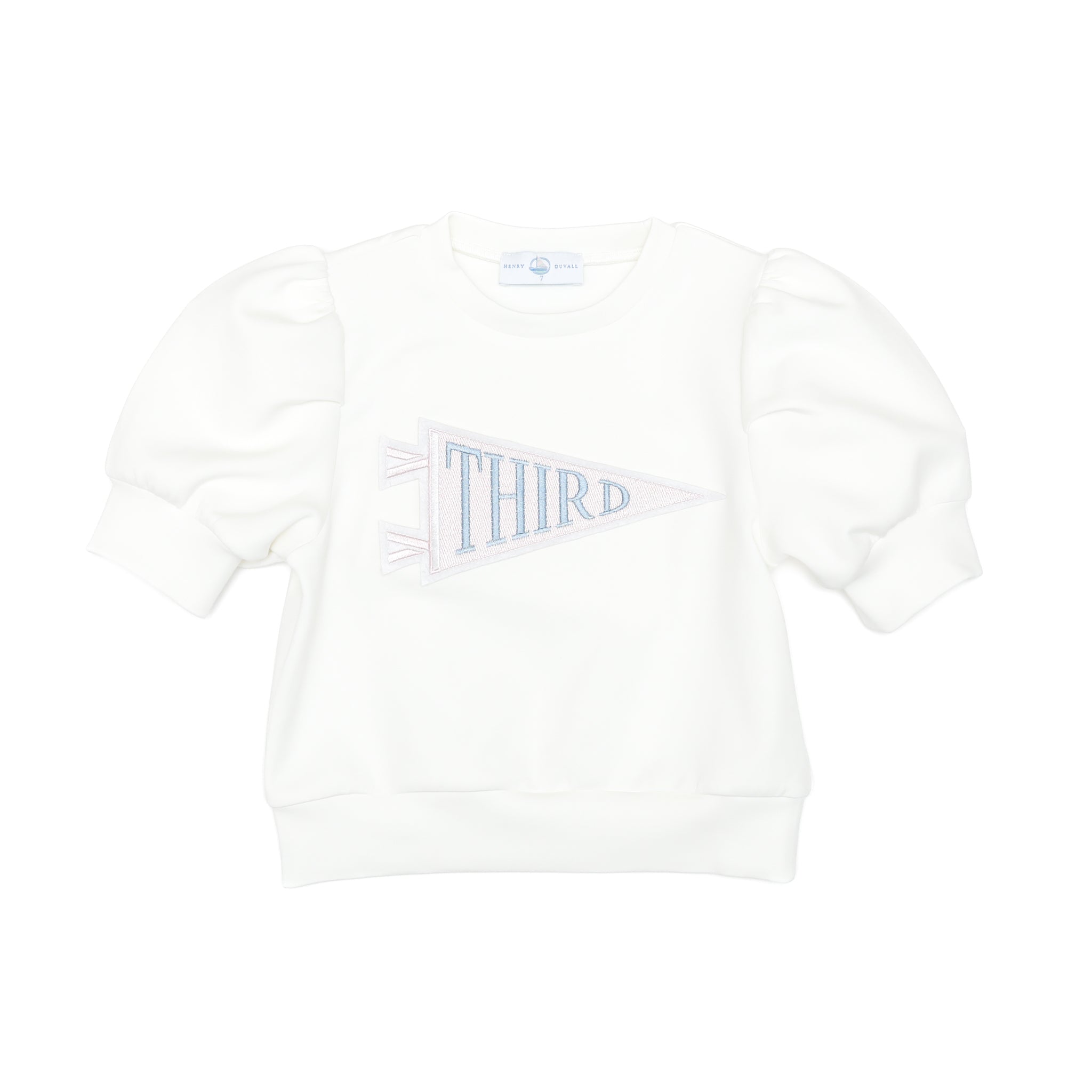 Henry Duvall Pennant Tee featuring appliqué grade pennant, classic back-to-school shirt for kindergarten through fifth grade, perfect for first day of school photos and school milestone celebrations.