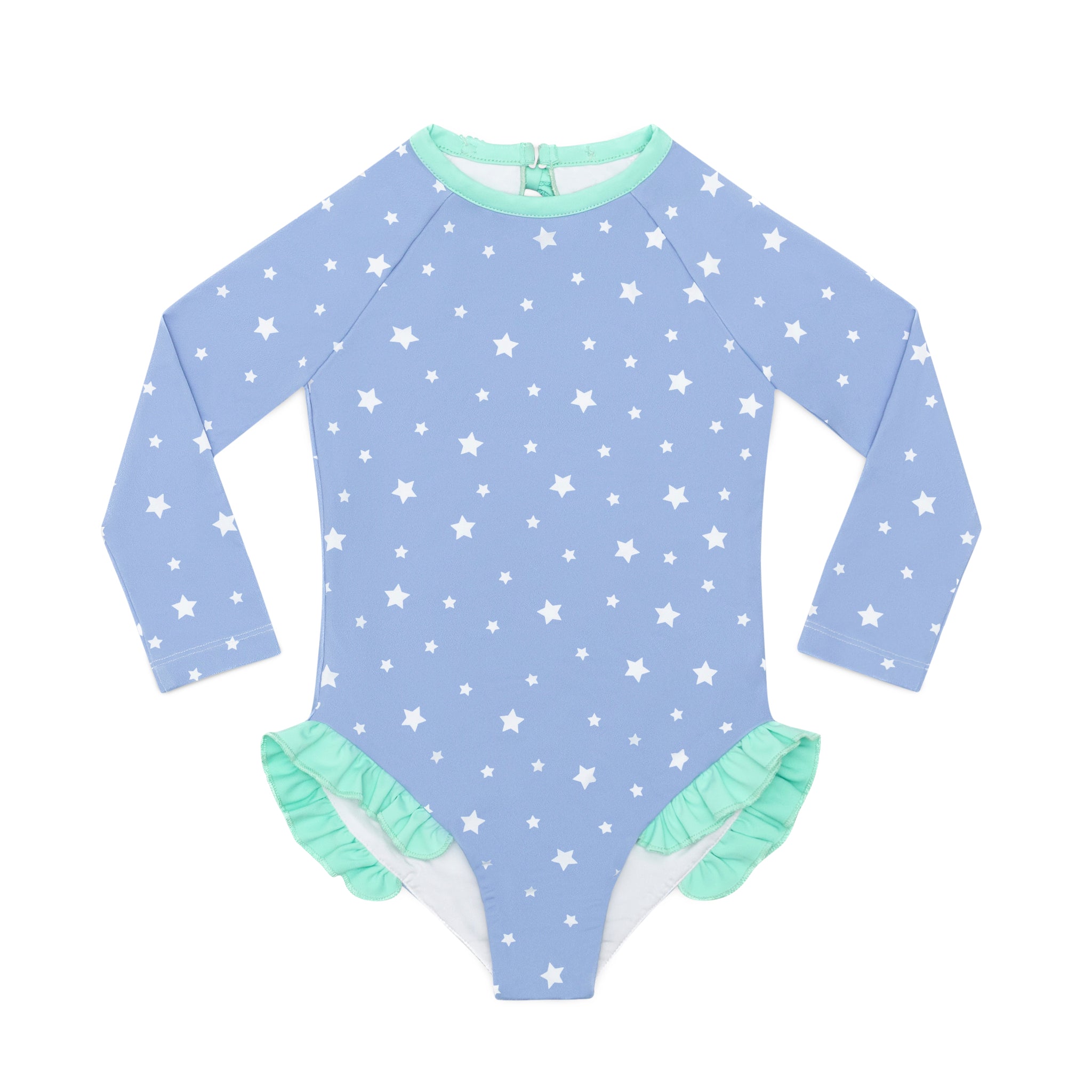 Girls’ long sleeve rashguard one piece swimsuit in Seaside Seersucker with UPF 50+ and scalloped open back, perfect for summer or beach vacations by Henry Duvall.