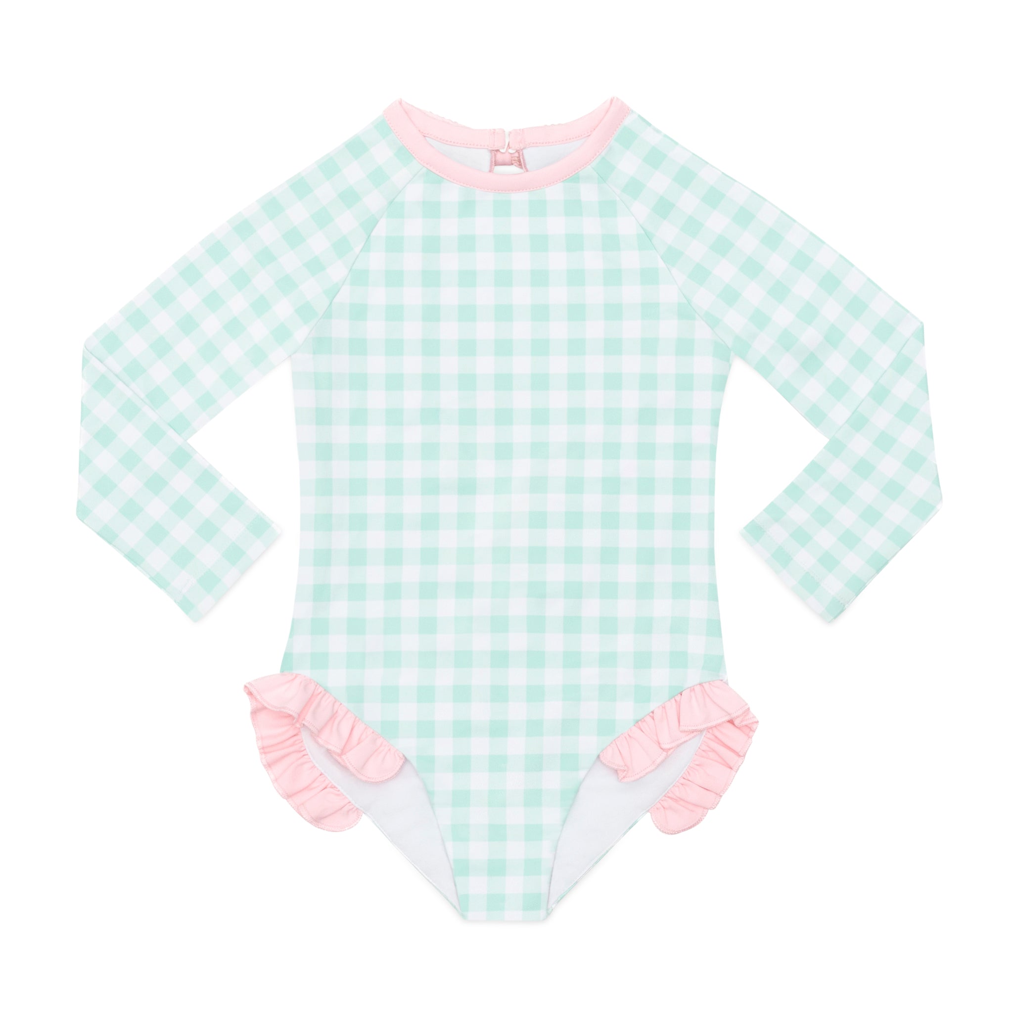 Girls’ long sleeve rashguard one piece swimsuit in Seaside Seersucker with UPF 50+ and scalloped open back, perfect for summer or beach vacations by Henry Duvall.
