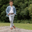 Henry Duvall Bradford Trousers for boys in blue gray herringbone, classic fall and winter pants with elastic back, heirloom-inspired English heritage style