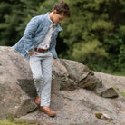 Henry Duvall Bradford Trousers for boys in blue gray herringbone, classic fall and winter pants with elastic back, heirloom-inspired English heritage style