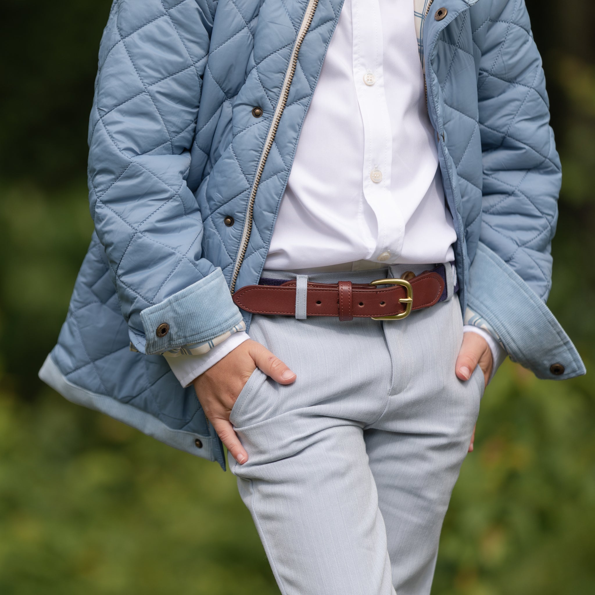 Henry Duvall Bradford Trousers for boys in blue gray herringbone, classic fall and winter pants with elastic back, heirloom-inspired English heritage style