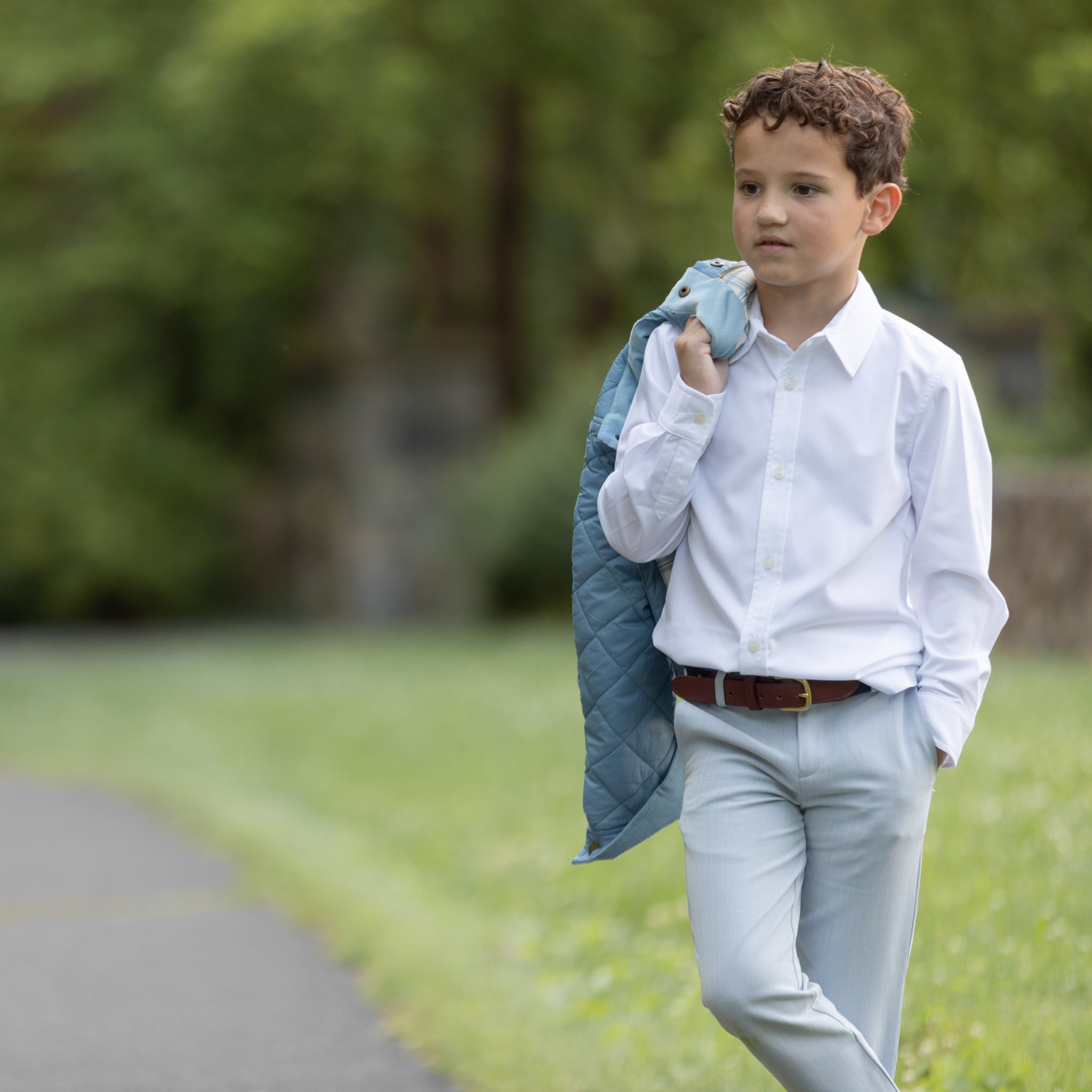 Henry Duvall Bradford Trousers for boys in blue gray herringbone, classic fall and winter pants with elastic back, heirloom-inspired English heritage style