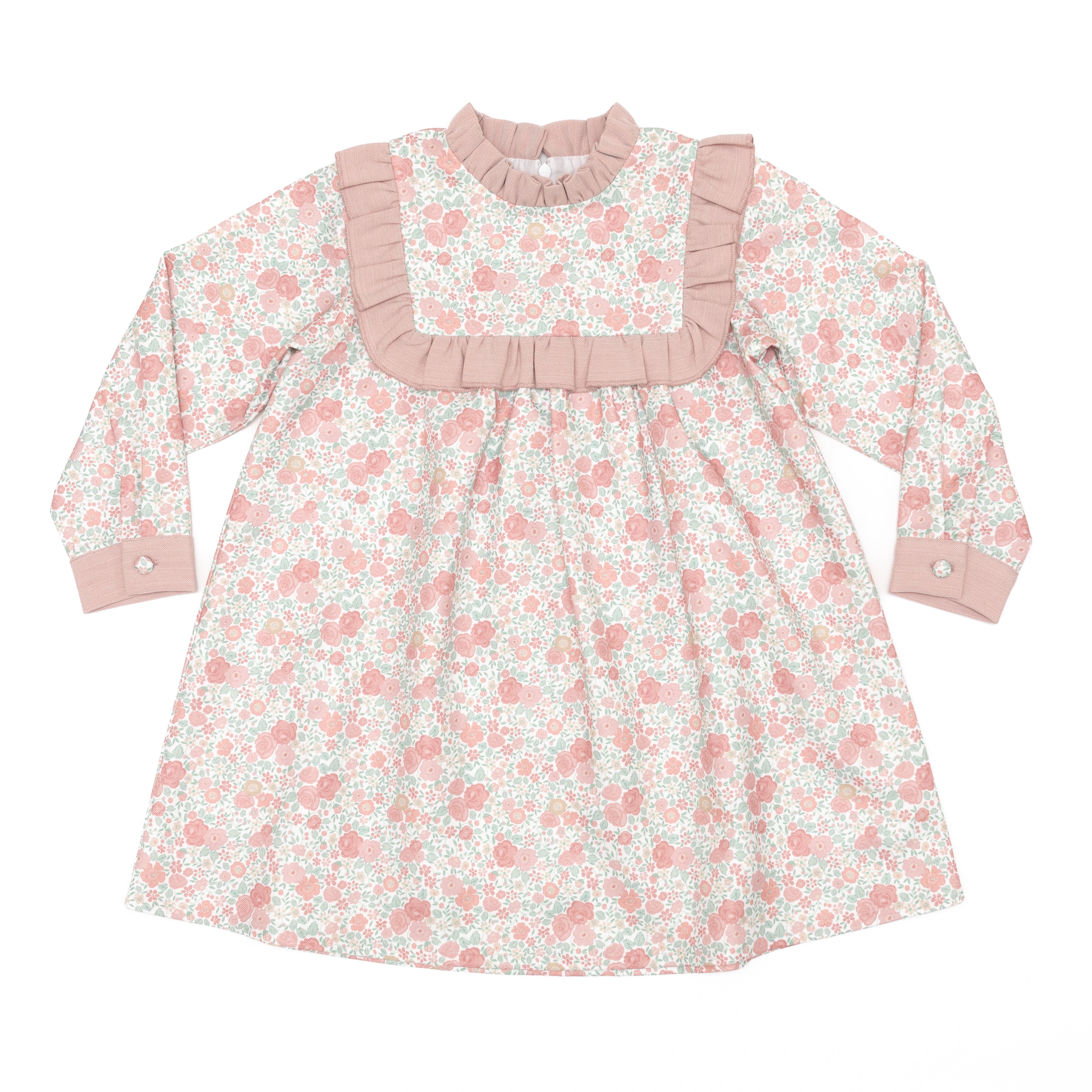 Henry Duvall Nora Dress in Beacon Hill Blooms with Parker Pink Herringbone ruffle trim, classic long sleeve holiday dress for girls, heirloom fall outfit for portraits and special occasions.