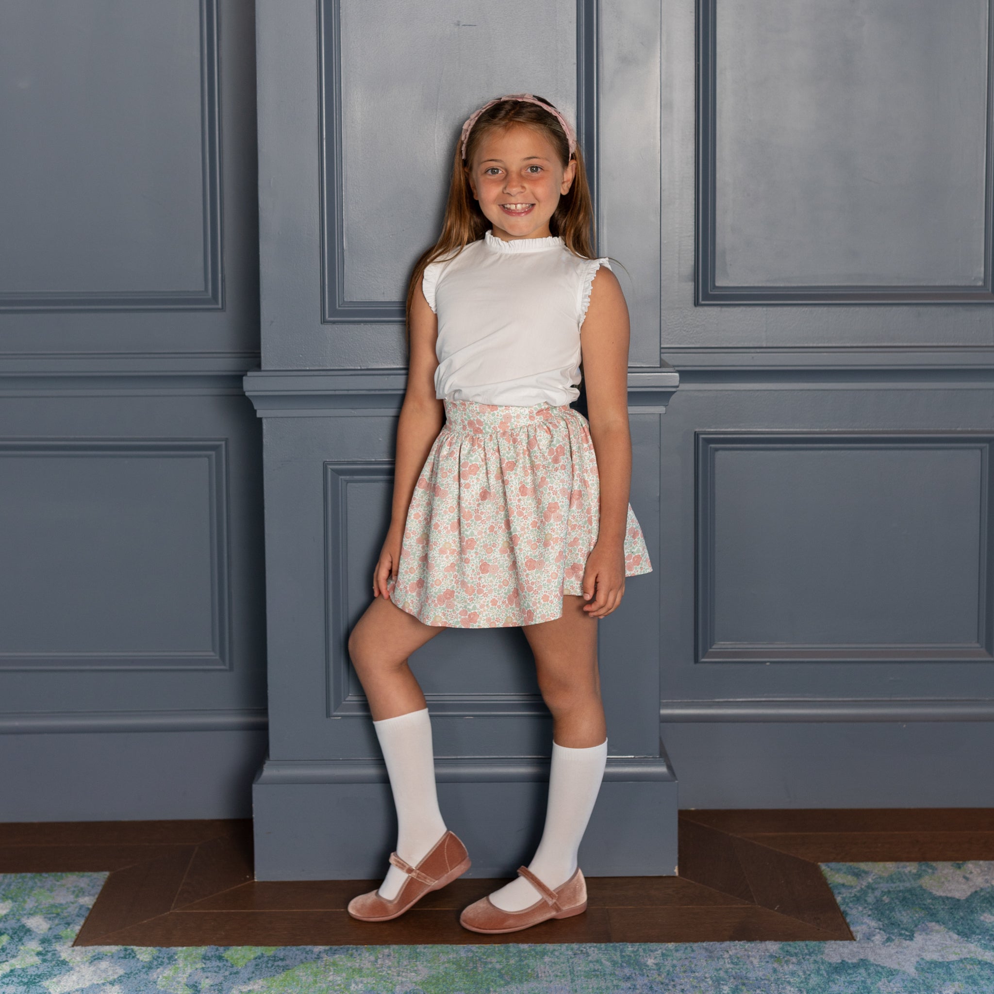 Henry Duvall Sutton Skirt in Beacon Hill Blooms floral print, classic fall skirt for older girls, perfect for coordinating sibling outfits and age-appropriate seasonal dressing