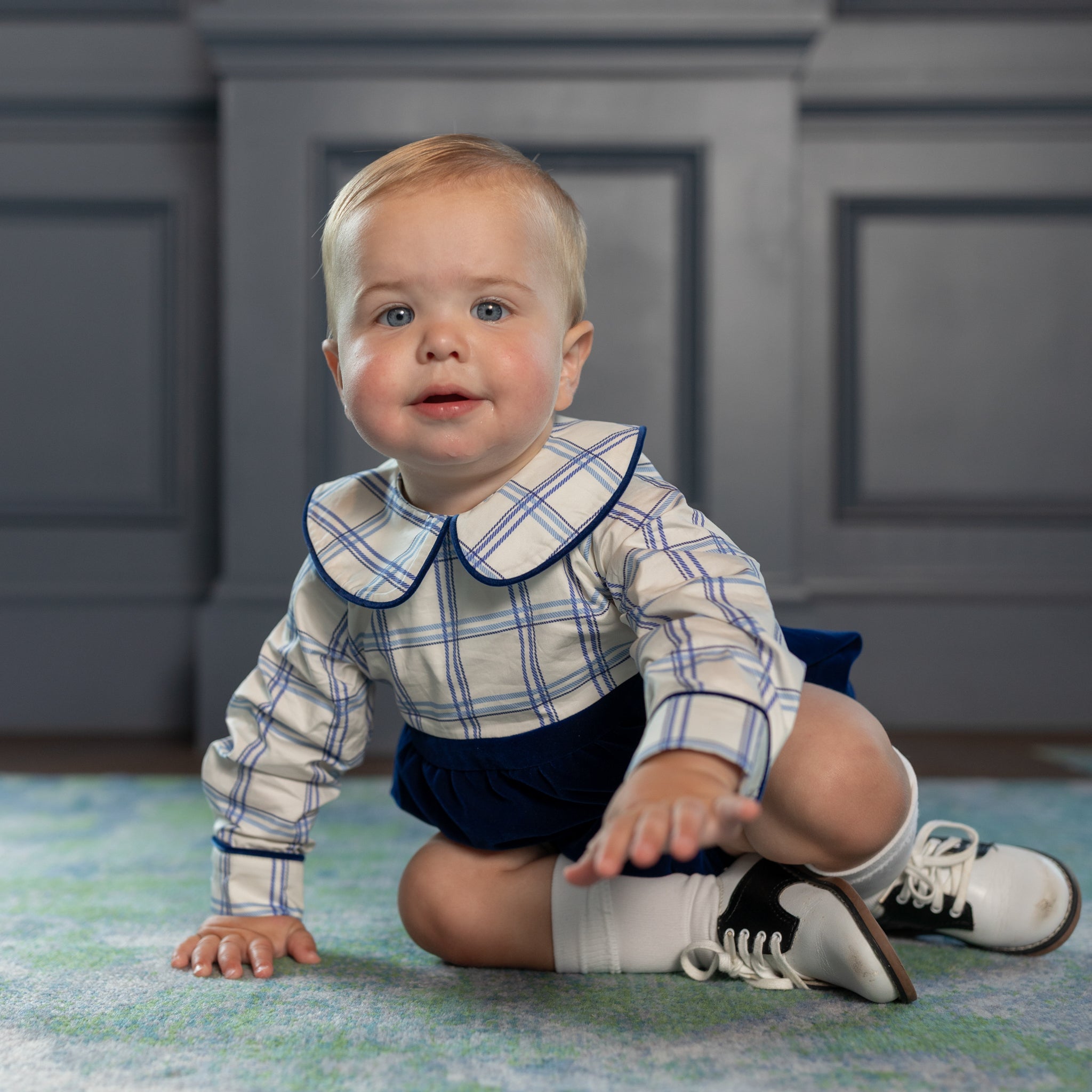 Henry Duvall Beau Bubble with Prescott Plaid top and Back Bay Blue Velvet bottom, long sleeve baby boy holiday romper with HD buttons and diaper snaps