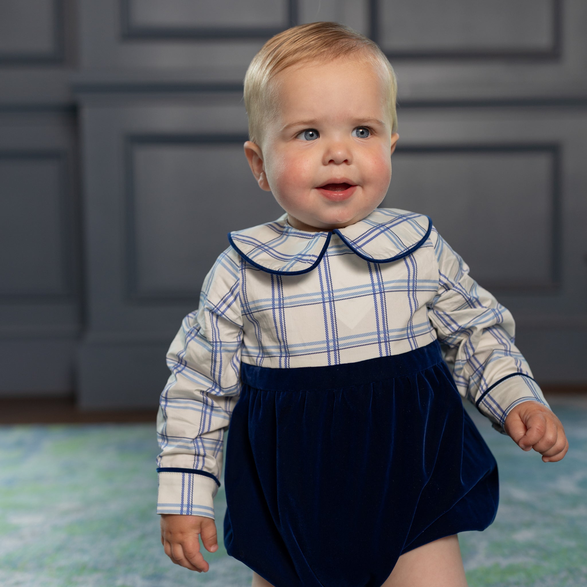 Henry Duvall Beau Bubble with Prescott Plaid top and Back Bay Blue Velvet bottom, long sleeve baby boy holiday romper with HD buttons and diaper snaps