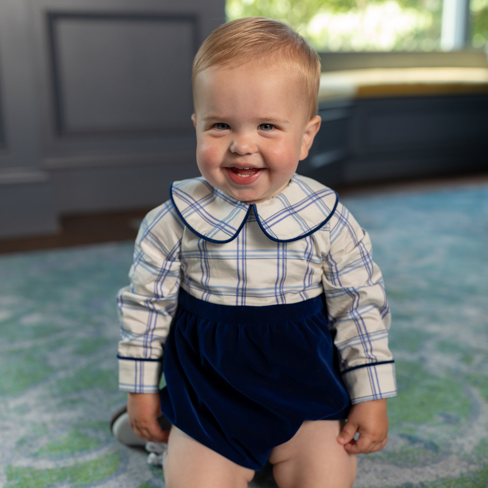 Henry Duvall Beau Bubble with Prescott Plaid top and Back Bay Blue Velvet bottom, long sleeve baby boy holiday romper with HD buttons and diaper snaps