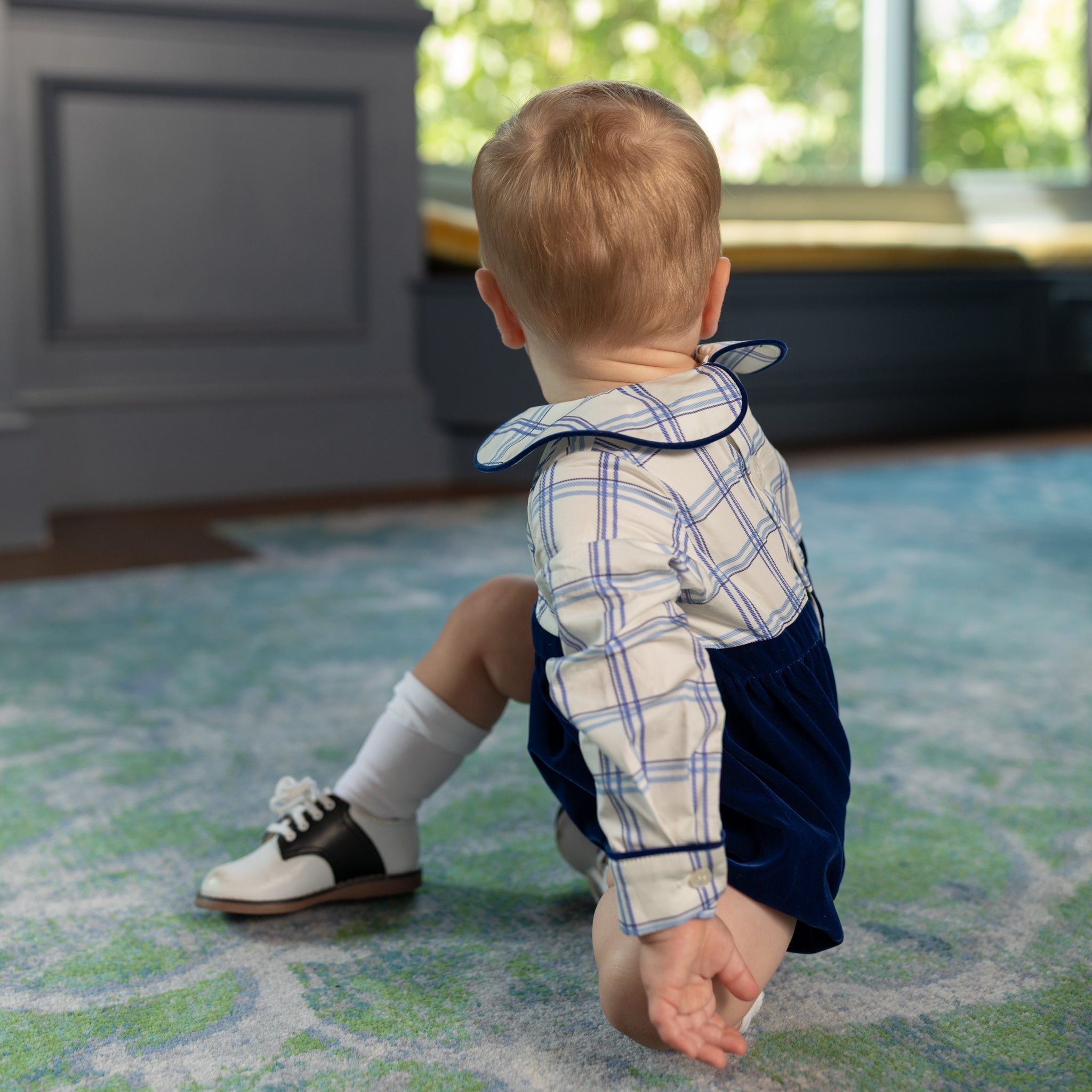 Henry Duvall Beau Bubble with Prescott Plaid top and Back Bay Blue Velvet bottom, long sleeve baby boy holiday romper with HD buttons and diaper snaps