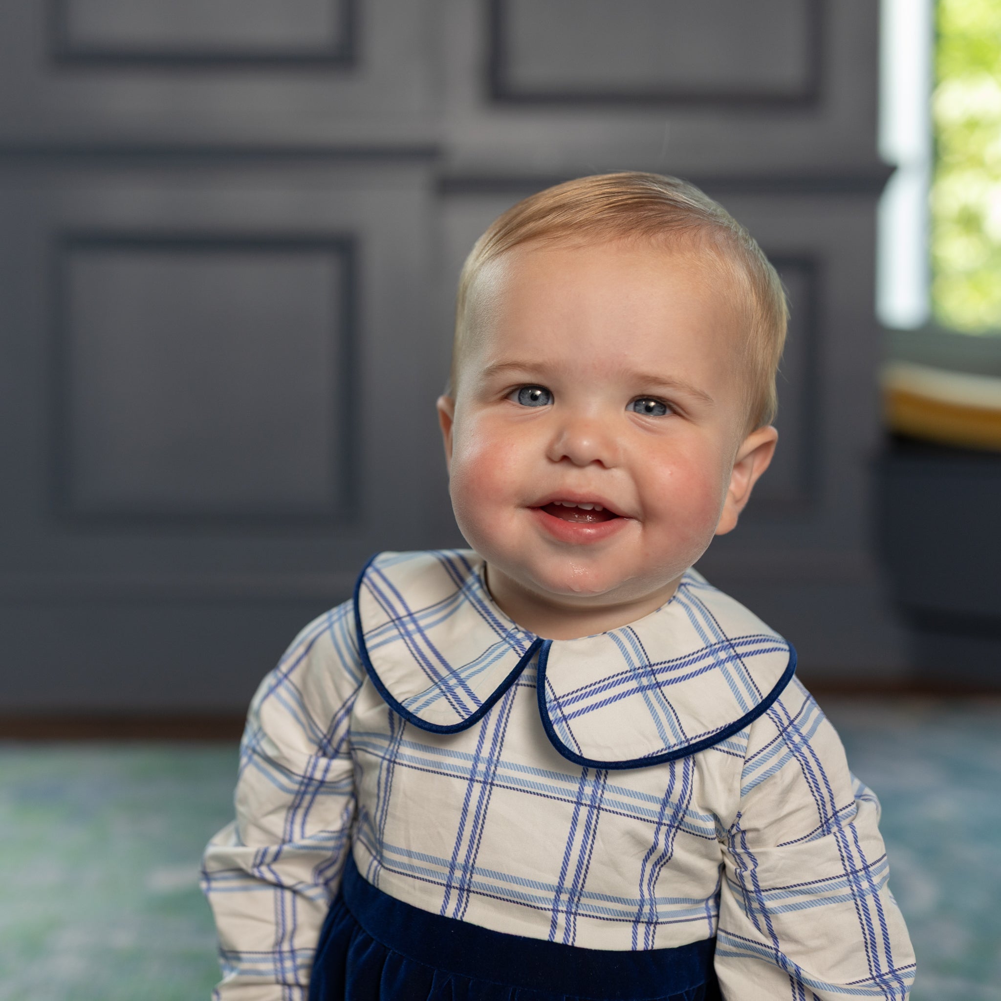Henry Duvall Beau Bubble with Prescott Plaid top and Back Bay Blue Velvet bottom, long sleeve baby boy holiday romper with HD buttons and diaper snaps