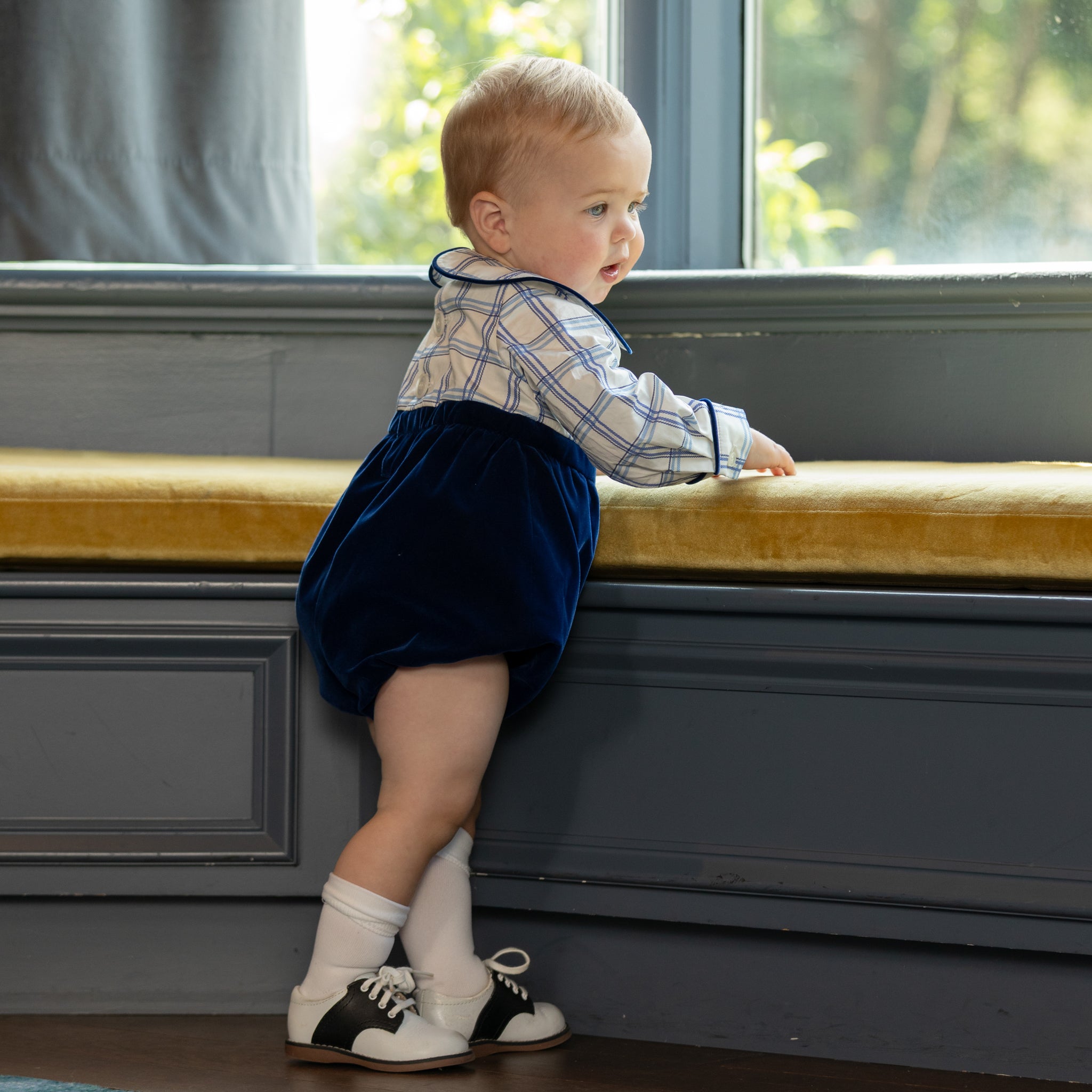 Henry Duvall Beau Bubble with Prescott Plaid top and Back Bay Blue Velvet bottom, long sleeve baby boy holiday romper with HD buttons and diaper snaps