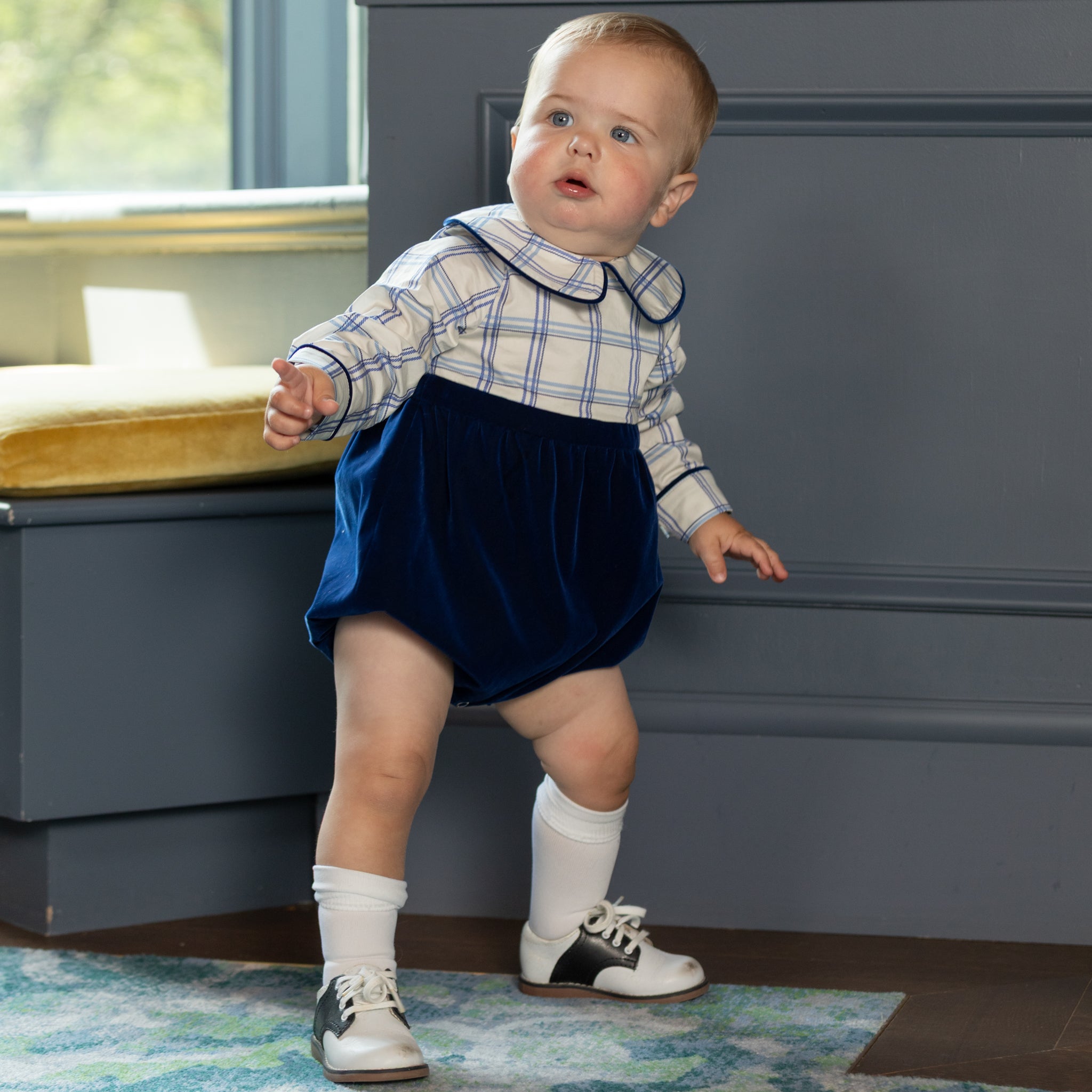 Henry Duvall Beau Bubble with Prescott Plaid top and Back Bay Blue Velvet bottom, long sleeve baby boy holiday romper with HD buttons and diaper snaps