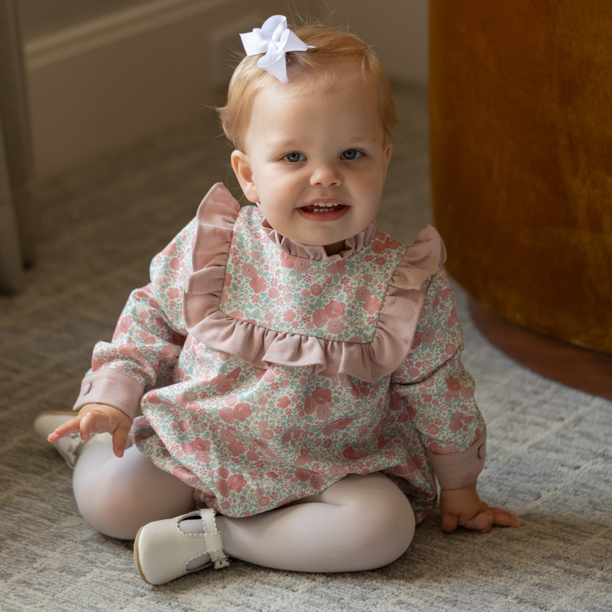 Henry Duvall Nora Bubble in Beacon Hill Blooms with Parker Pink Herringbone trim, classic fall baby girl outfit with ruffle details, traditional heirloom bubble for portraits and holidays