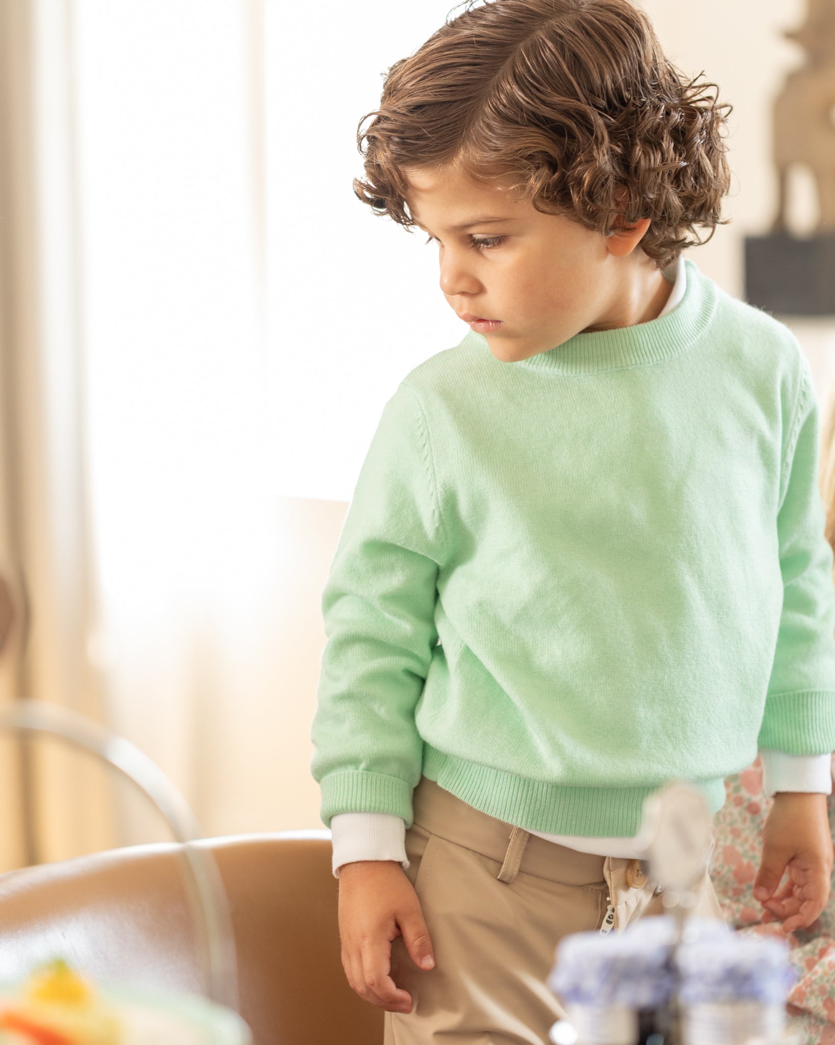 Boys mint green crewneck sweater by Henry Duvall, classic knit fall layer that coordinates with Beacon Hill Blooms for family and sibling outfits