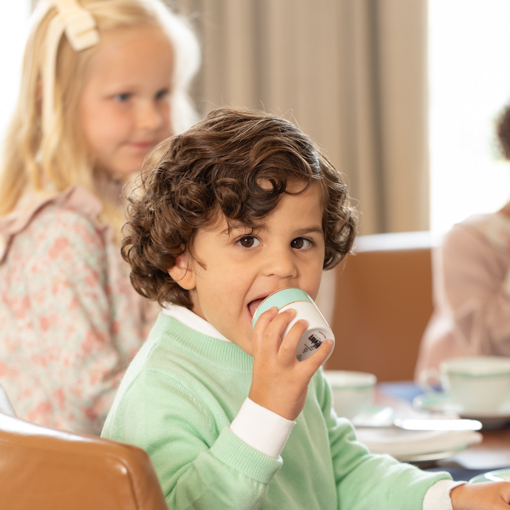 Boys mint green crewneck sweater by Henry Duvall, classic knit fall layer that coordinates with Beacon Hill Blooms for family and sibling outfits
