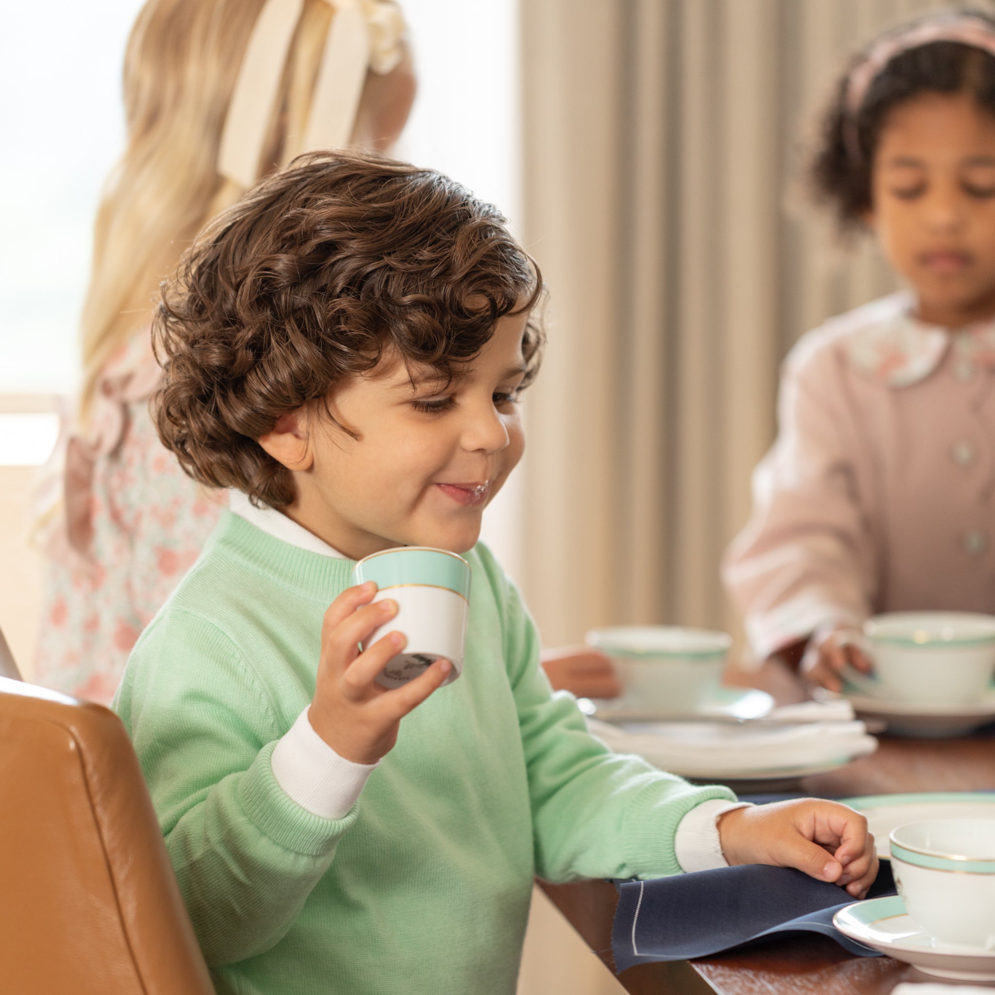Boys mint green crewneck sweater by Henry Duvall, classic knit fall layer that coordinates with Beacon Hill Blooms for family and sibling outfits
