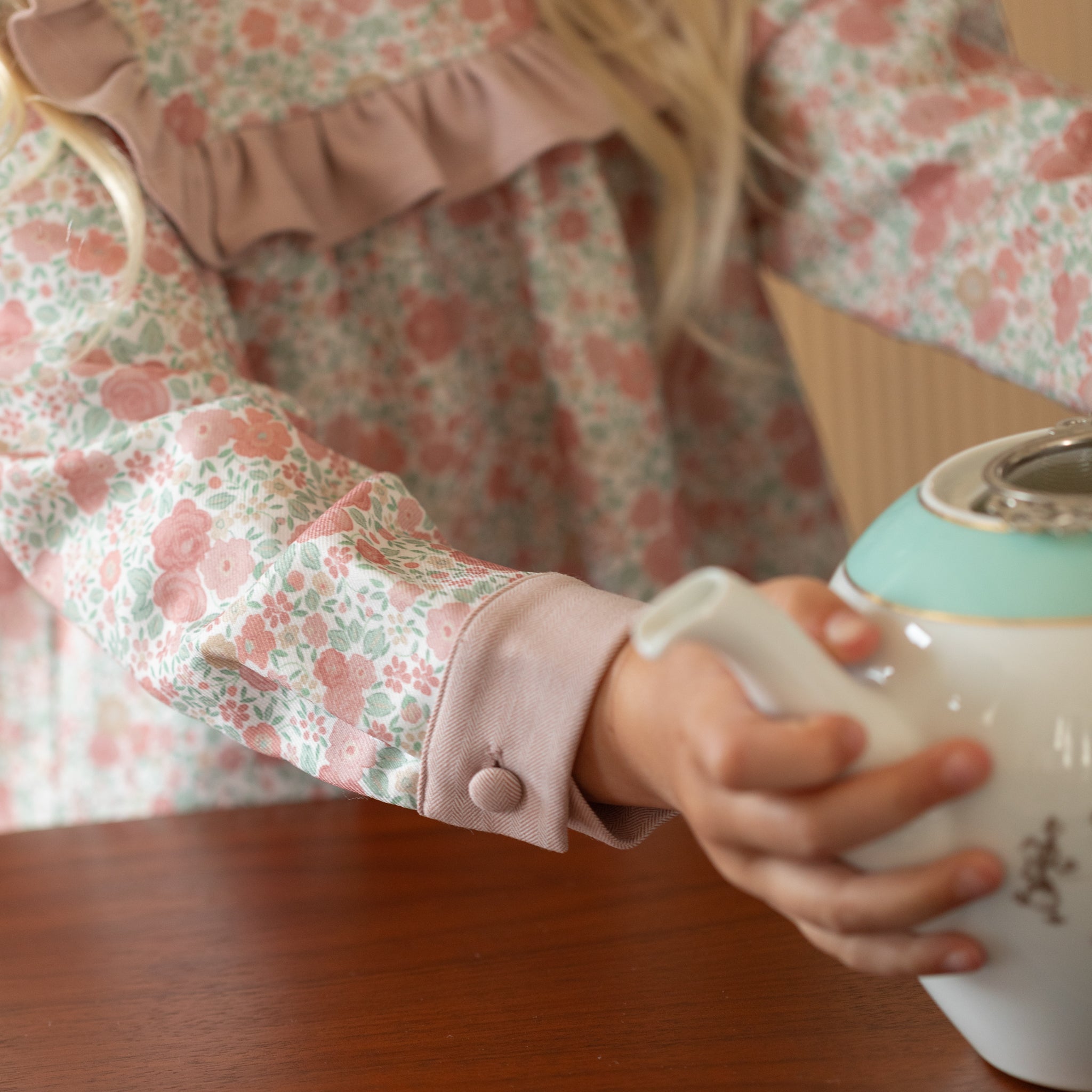 Henry Duvall Nora Dress in Beacon Hill Blooms with Parker Pink Herringbone ruffle trim, classic long sleeve holiday dress for girls, heirloom fall outfit for portraits and special occasions.