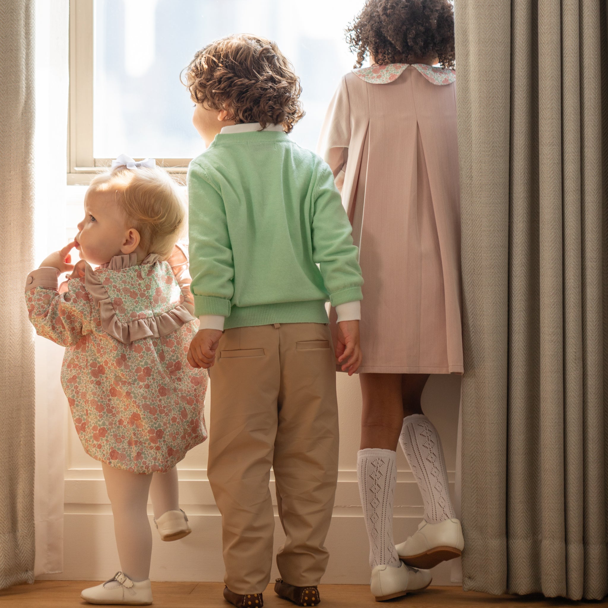 Boys mint green crewneck sweater by Henry Duvall, classic knit fall layer that coordinates with Beacon Hill Blooms for family and sibling outfits