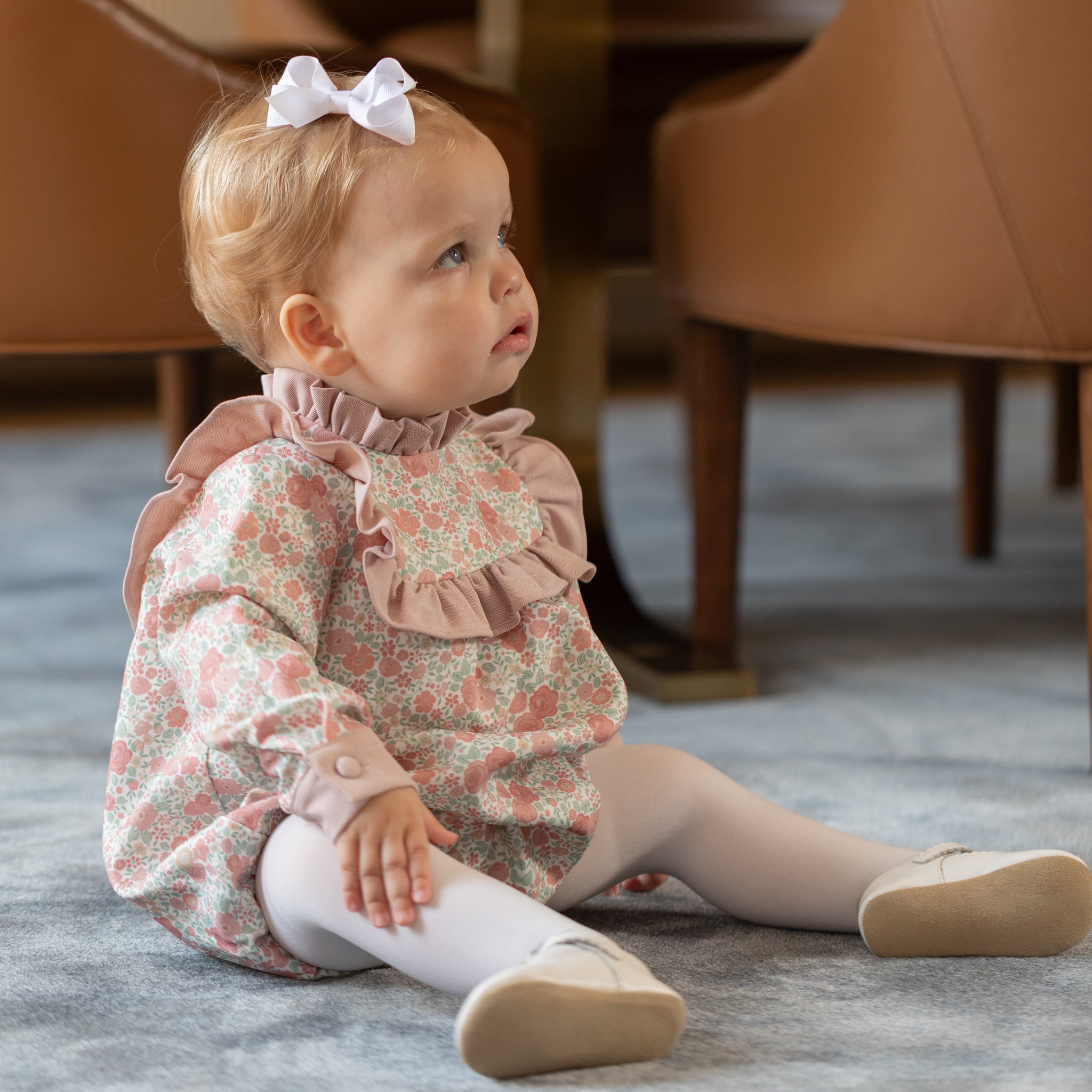 Henry Duvall Nora Bubble in Beacon Hill Blooms with Parker Pink Herringbone trim, classic fall baby girl outfit with ruffle details, traditional heirloom bubble for portraits and holidays