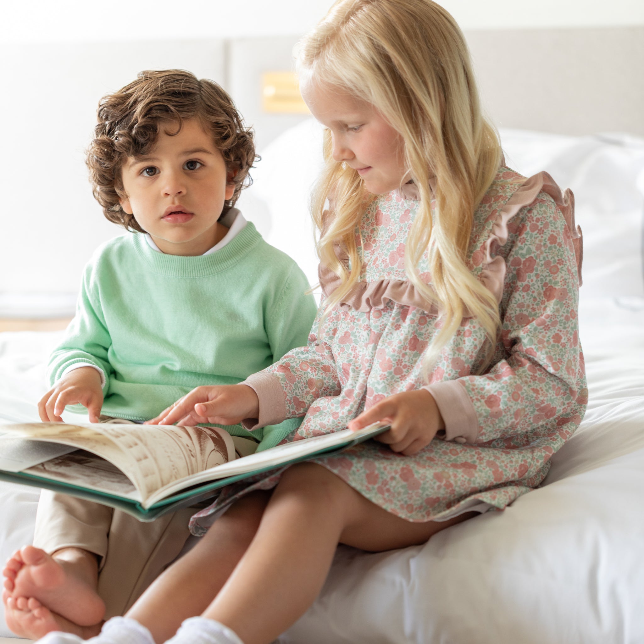 Boys mint green crewneck sweater by Henry Duvall, classic knit fall layer that coordinates with Beacon Hill Blooms for family and sibling outfits