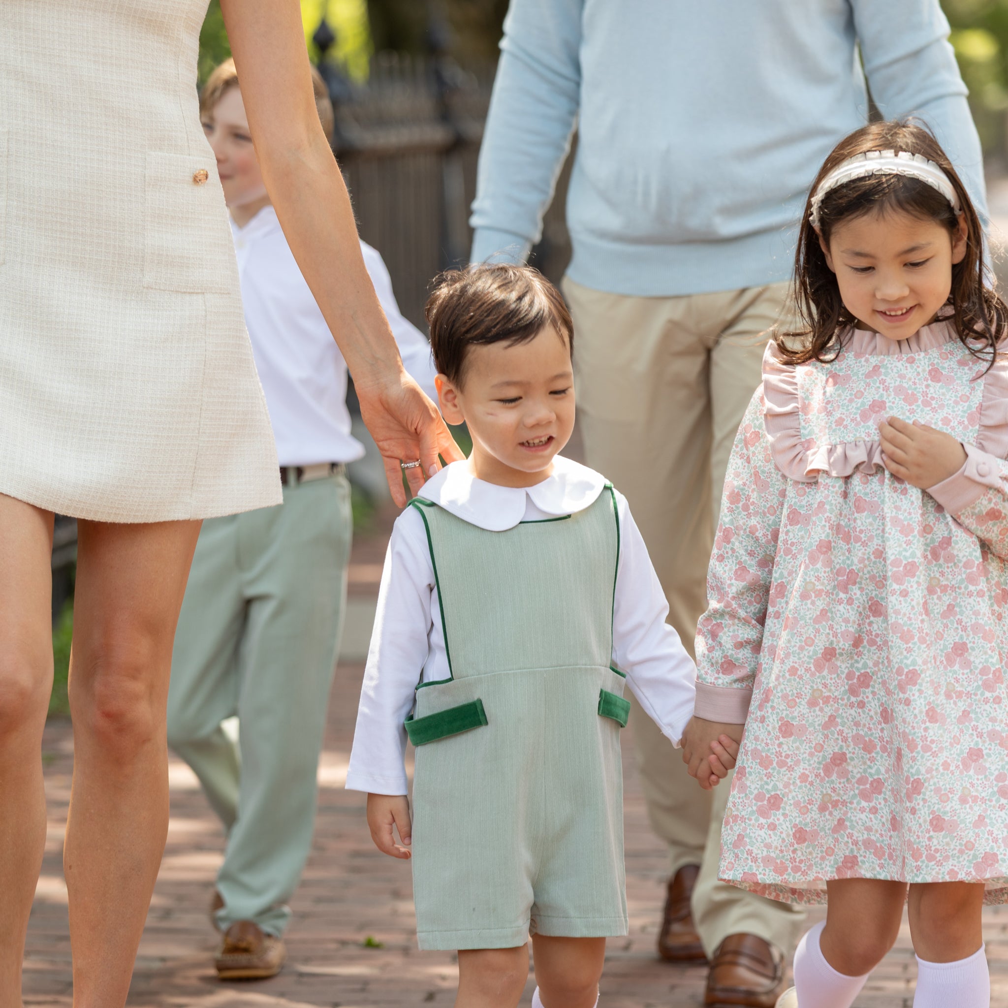 Henry Duvall Nora Dress in Beacon Hill Blooms with Parker Pink Herringbone ruffle trim, classic long sleeve holiday dress for girls, heirloom fall outfit for portraits and special occasions.