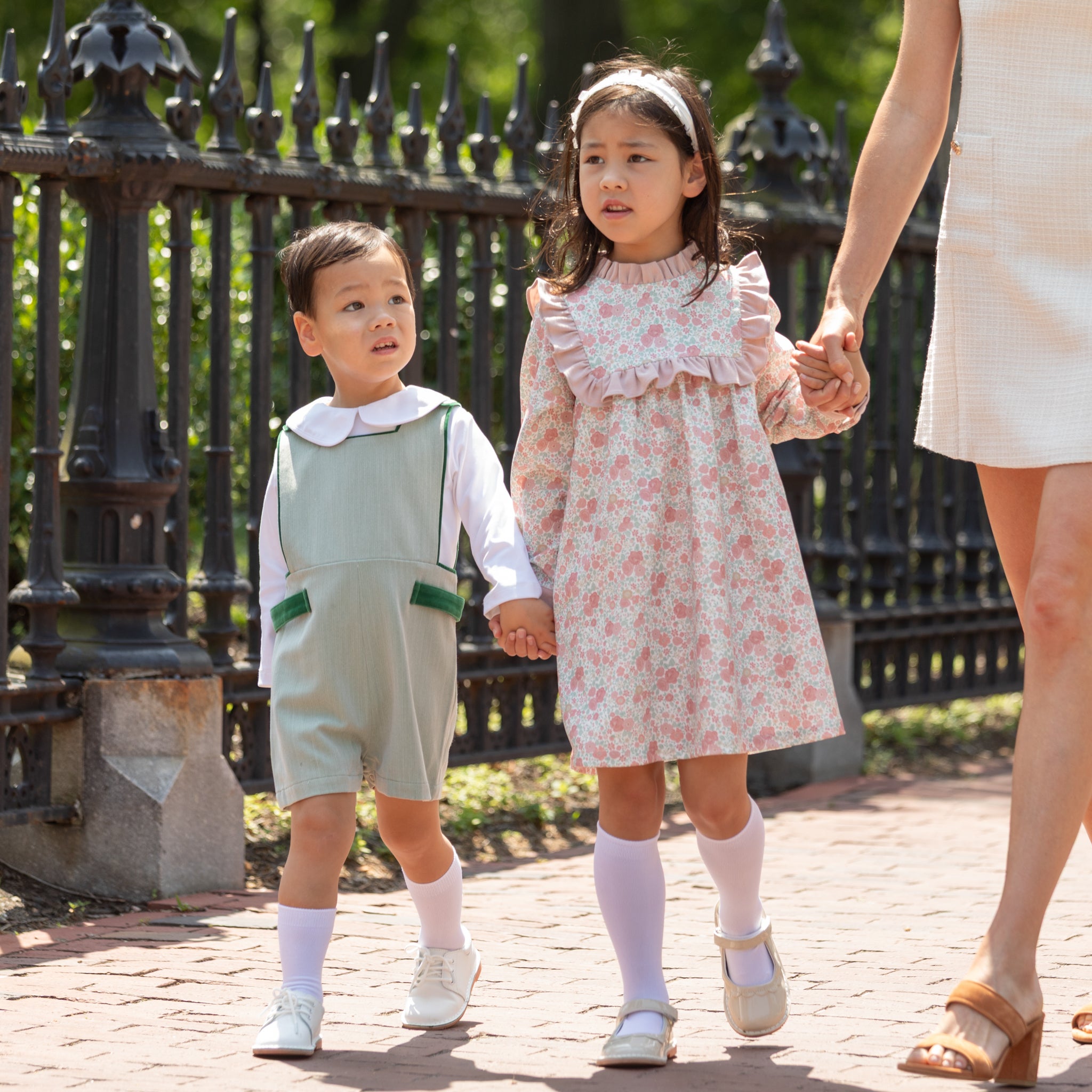 Henry Duvall Nora Dress in Beacon Hill Blooms with Parker Pink Herringbone ruffle trim, classic long sleeve holiday dress for girls, heirloom fall outfit for portraits and special occasions.
