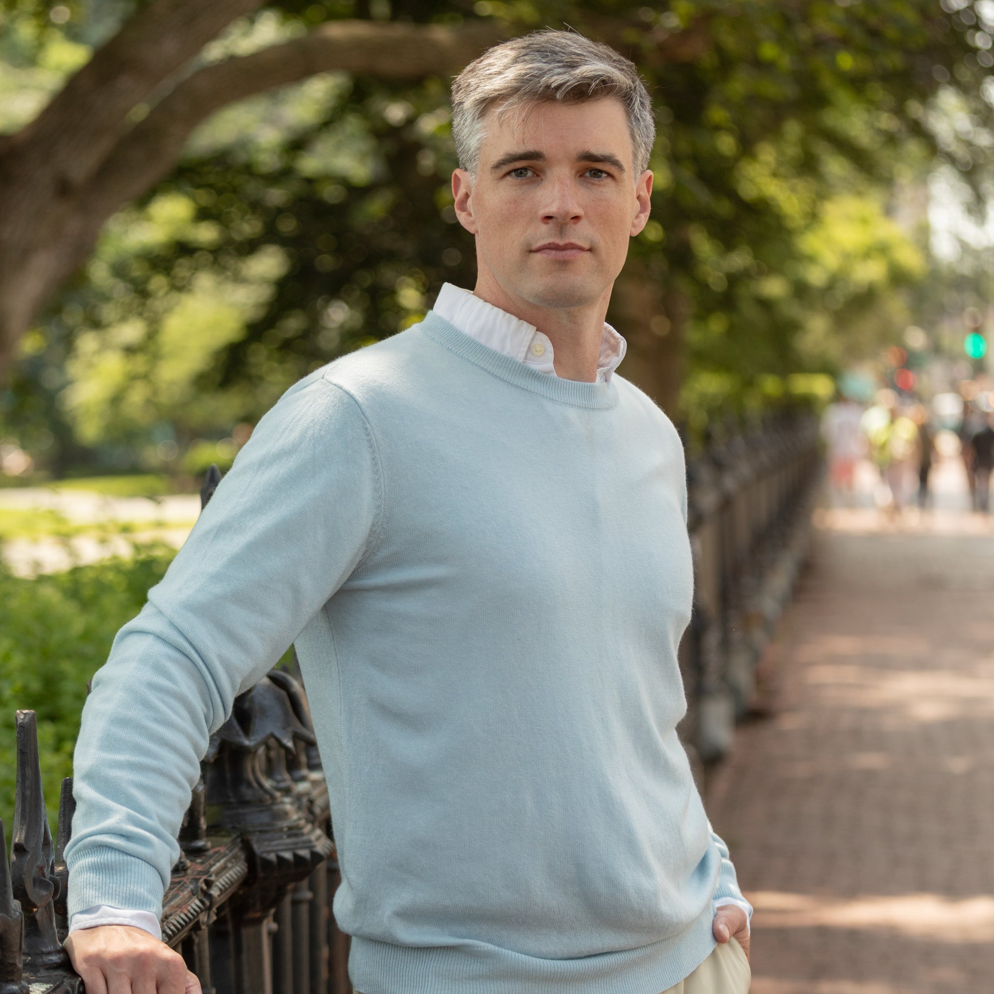 Men’s Bay Tree Blue crewneck sweater by Henry Duvall, soft anti-pilling knit perfect for fall family photos and matching children’s styles