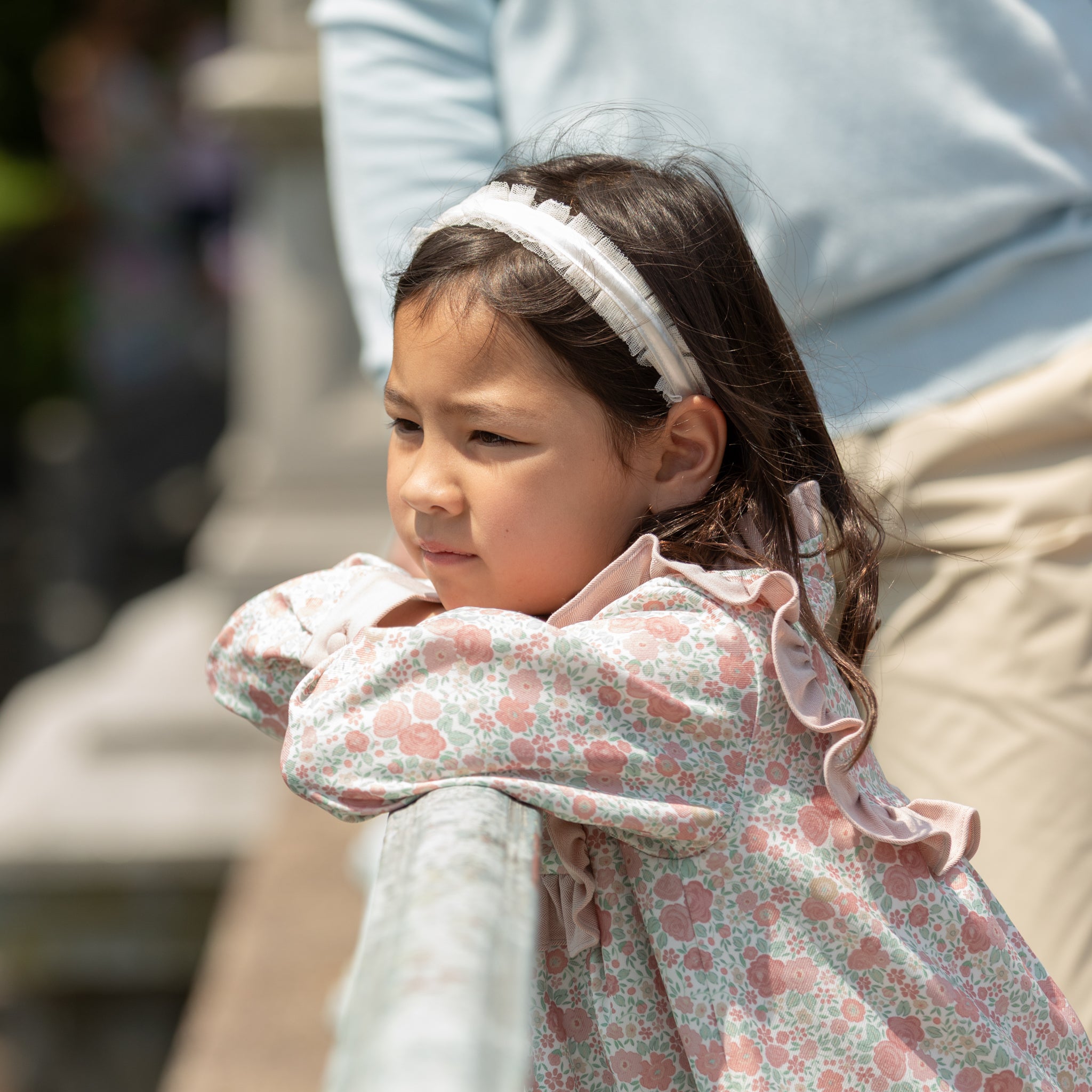 Henry Duvall Nora Dress in Beacon Hill Blooms with Parker Pink Herringbone ruffle trim, classic long sleeve holiday dress for girls, heirloom fall outfit for portraits and special occasions.