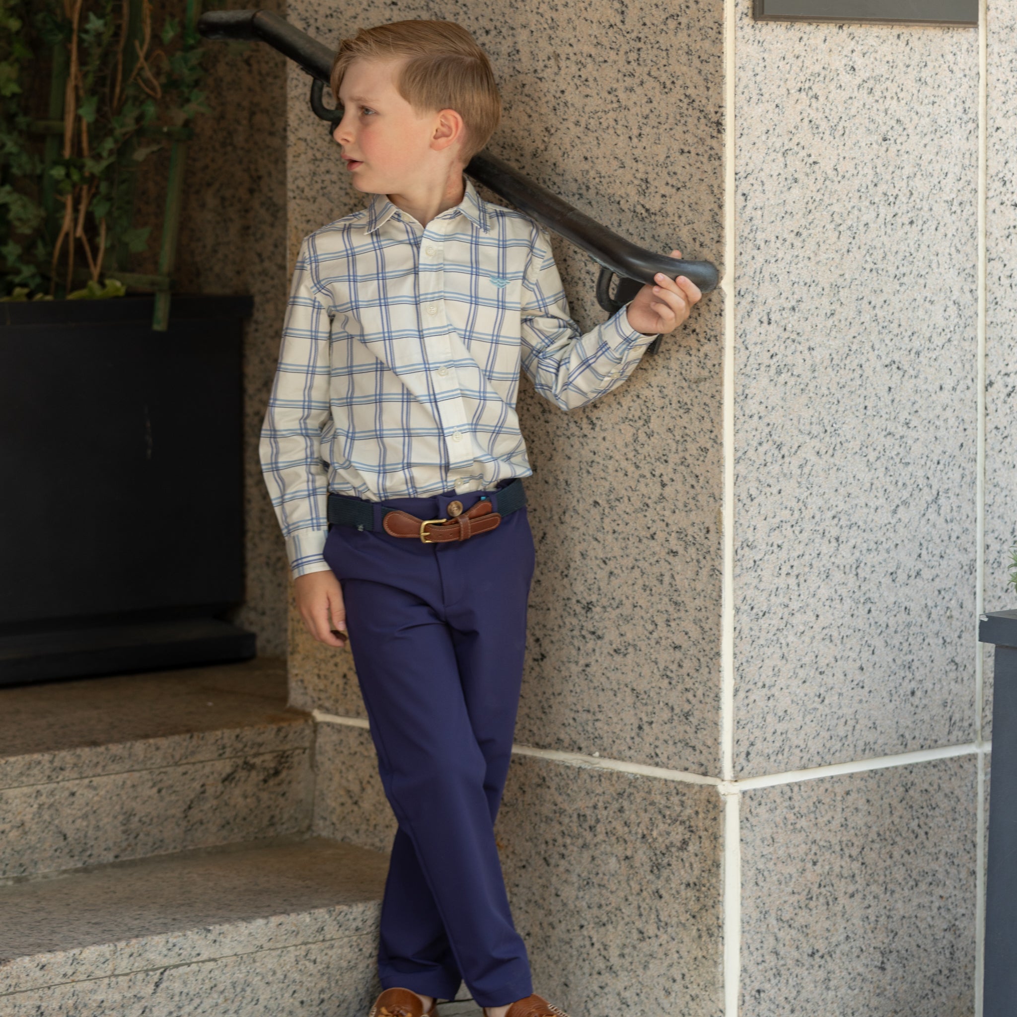 Henry Duvall boys' navy and khaki dress pants, wrinkle-resistant performance trousers with flat front and elastic back, classic boys fall church and school pants