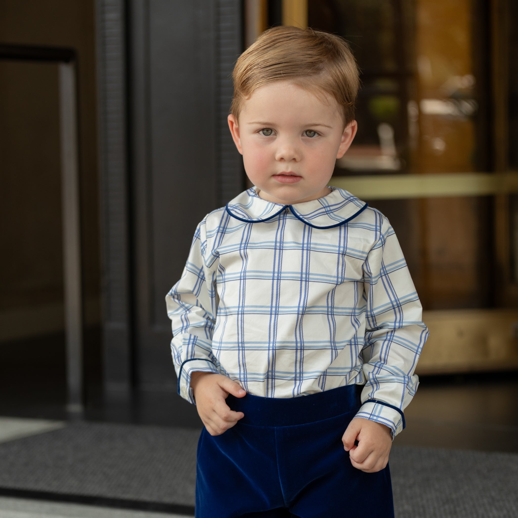 Henry Duvall Long Sleeve Henry Peter Pan Shirt in Prescott Plaid, classic boys fall shirt with Peter Pan collar and button-back, perfect for layering and coordinating sibling outfits
