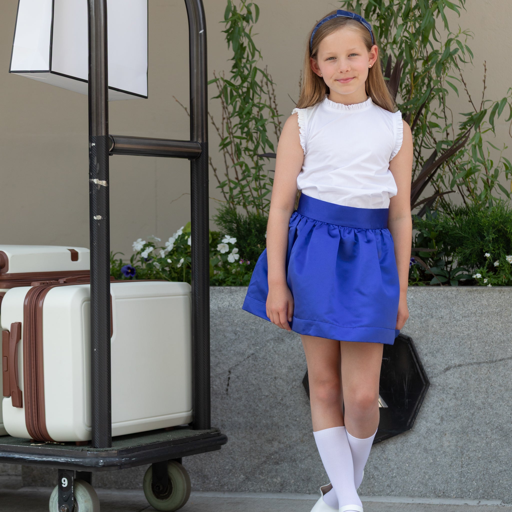 Henry Duvall Sutton Skirt in Boylston Blue, classic fall skirt for older girls designed for subtle sibling coordination with Prescott Plaid and Prescott Petals