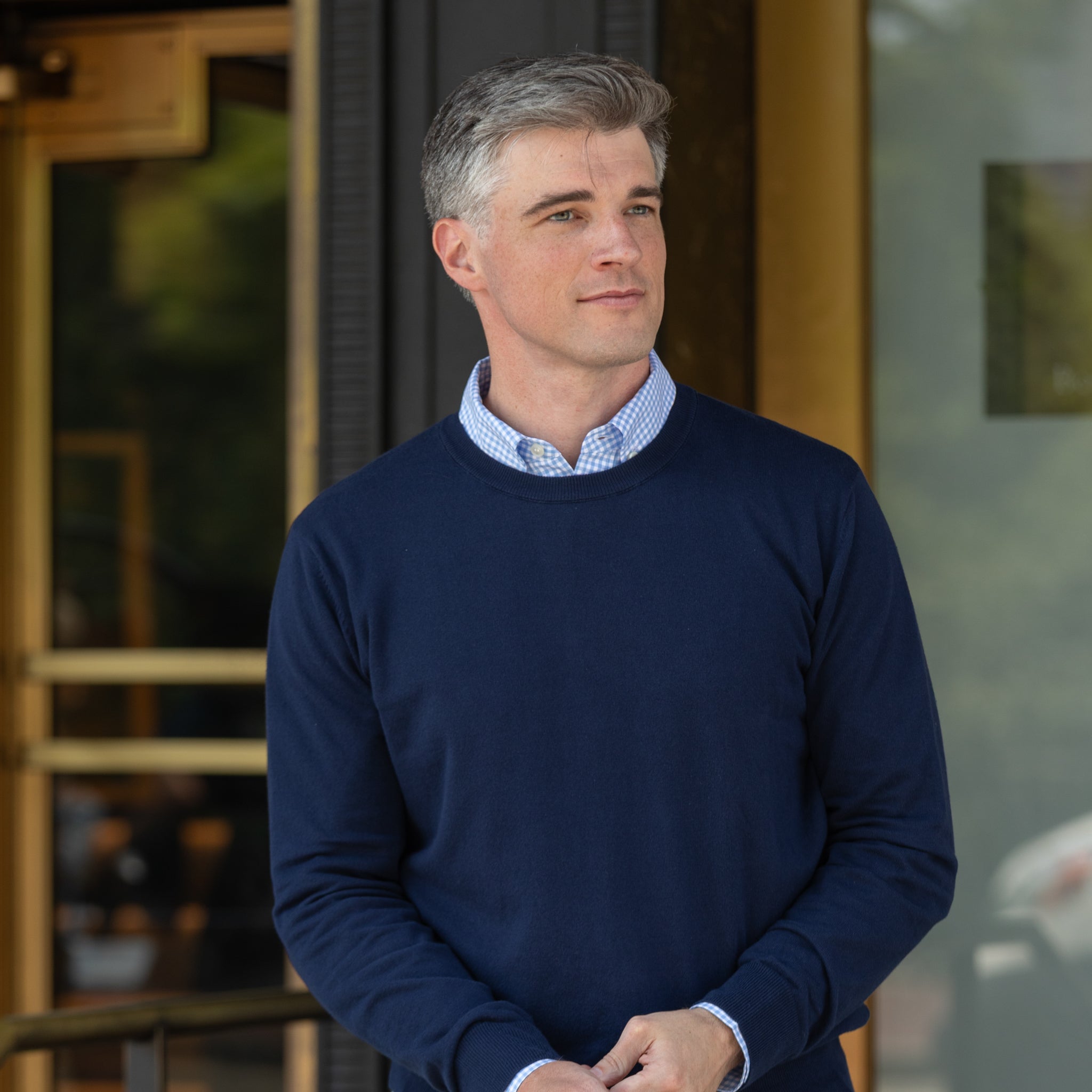 Men’s classic navy crewneck sweater by Henry Duvall, soft anti-pilling knit for fall layering, coordinates with children's styles for timeless father-son looks