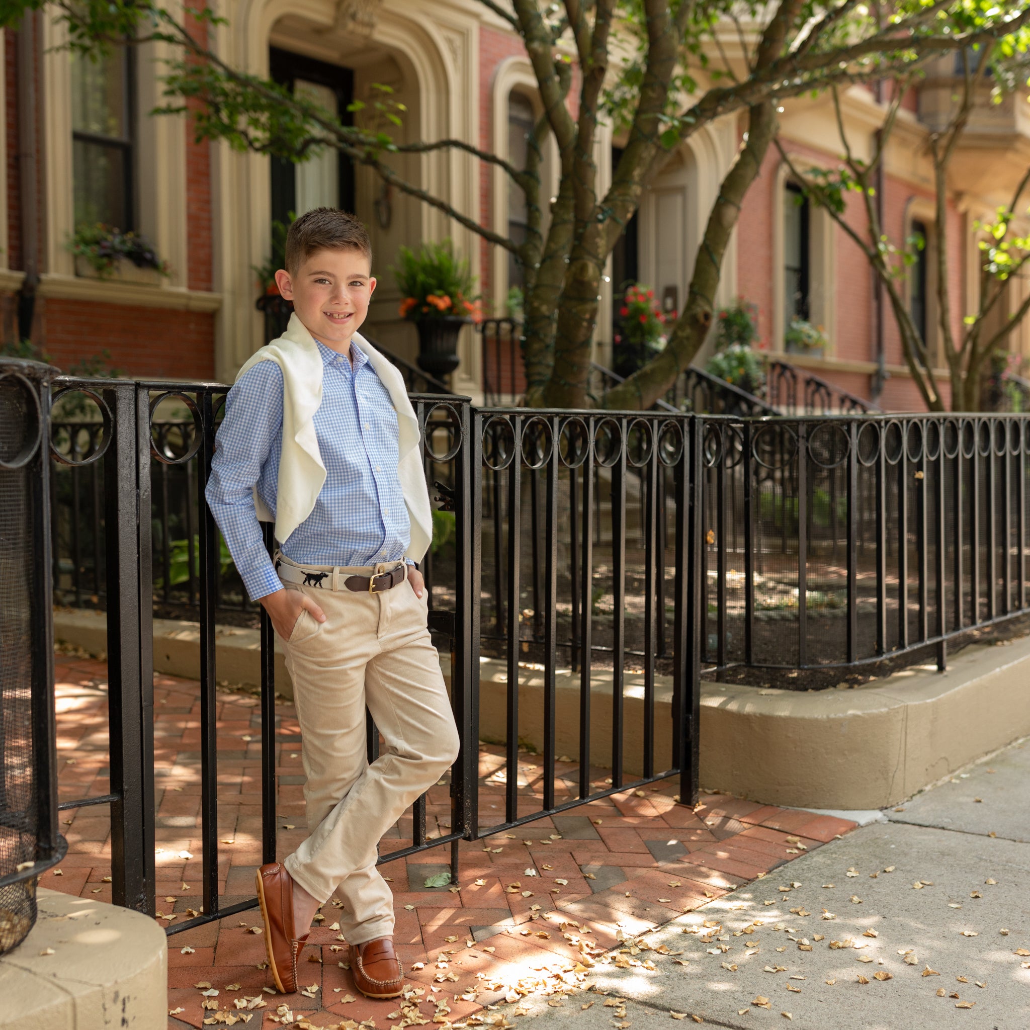 Henry Duvall Bradford Trousers in King’s Way Khaki Corduroy, classic boys fall and winter pants with adjustable elastic inside, perfect for dressing up or coordinating with family looks