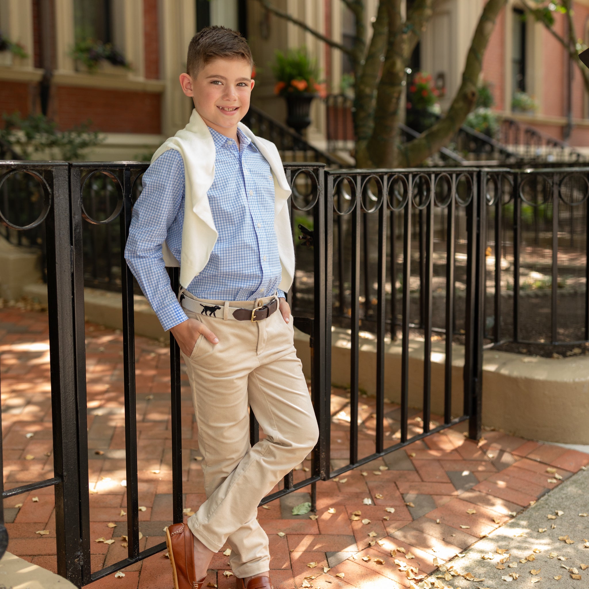 Henry Duvall Bennett Button Down in Charles Street Check blue gingham, classic boys fall dress shirt perfect for pairing with khaki corduroy trousers and coordinating sibling sets