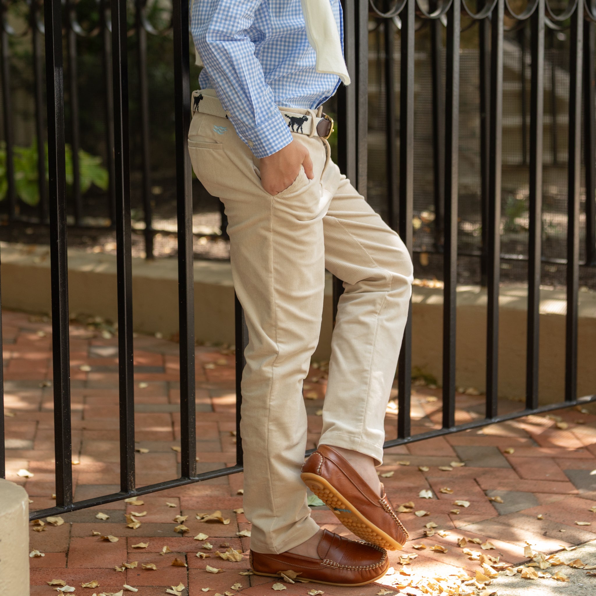 Henry Duvall Bradford Trousers in King’s Way Khaki Corduroy, classic boys fall and winter pants with adjustable elastic inside, perfect for dressing up or coordinating with family looks