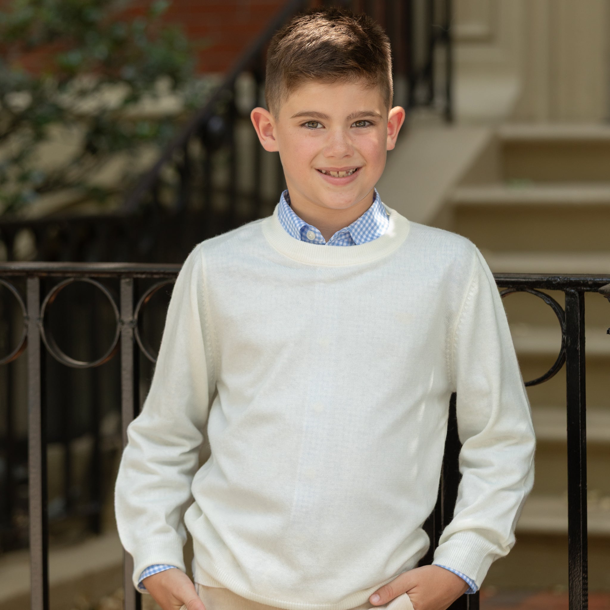 Henry Duvall boys ivory crewneck sweater, classic fall knitwear for school, holidays, and layering, cozy anti-pilling knit