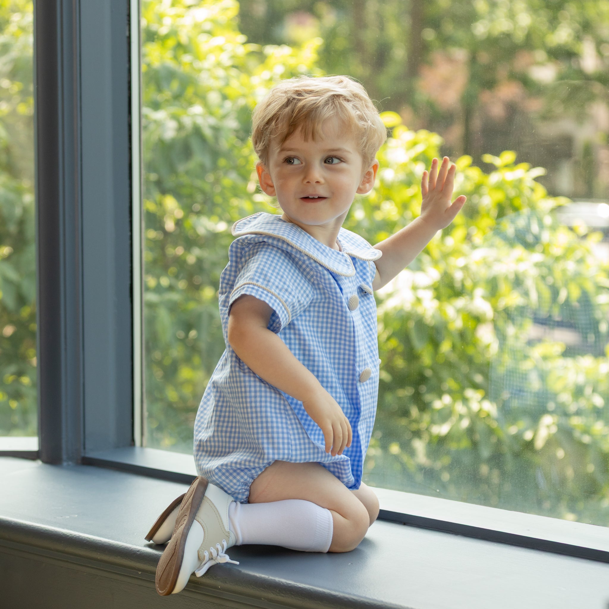 Henry Duvall Banks Bubble in classic blue Charles Street Check with King’s Way Khaki Corduroy trim, classic fall baby boy outfit with covered buttons and diaper snaps