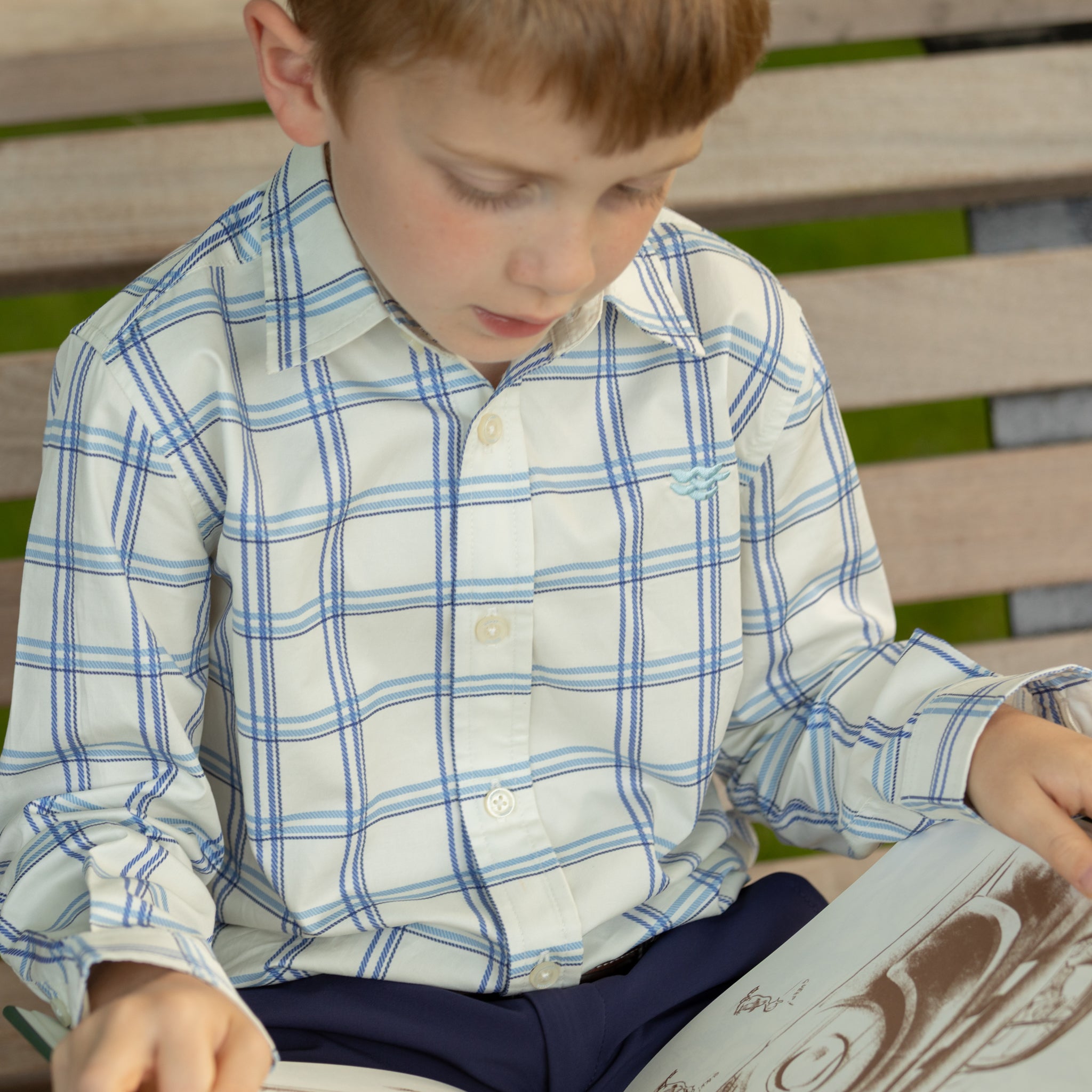 Henry Duvall Bennett Button Down in Prescott Plaid, classic boys fall dress shirt in crisp ivory and blue check, perfect for pairing with velvet trousers and coordinating sibling styles