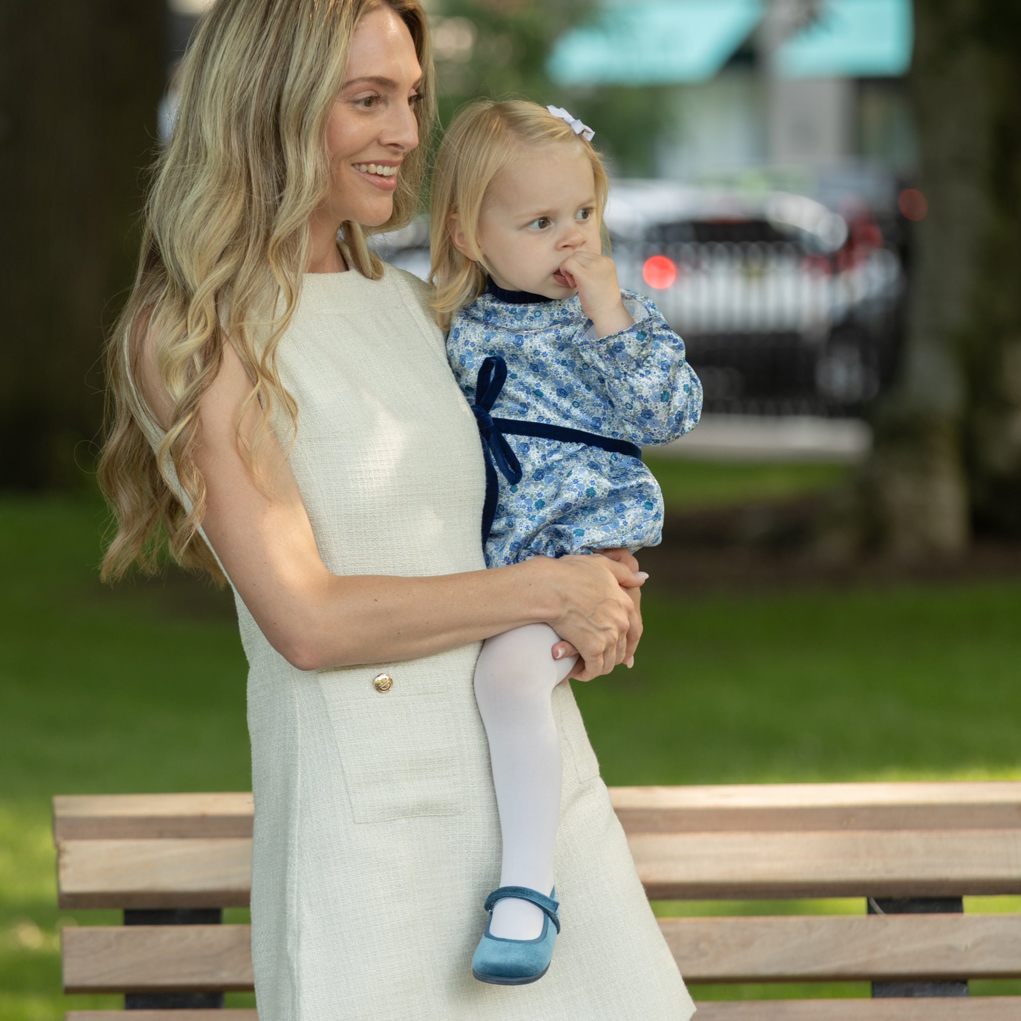 Cassie Blue Velvet Mary Janes for girls by Childrenchic, classic Spanish-made shoes with Velcro strap and cushioned insole, perfect for fall outfits and coordinating with Henry Duvall’s Pastel Petals Collection.