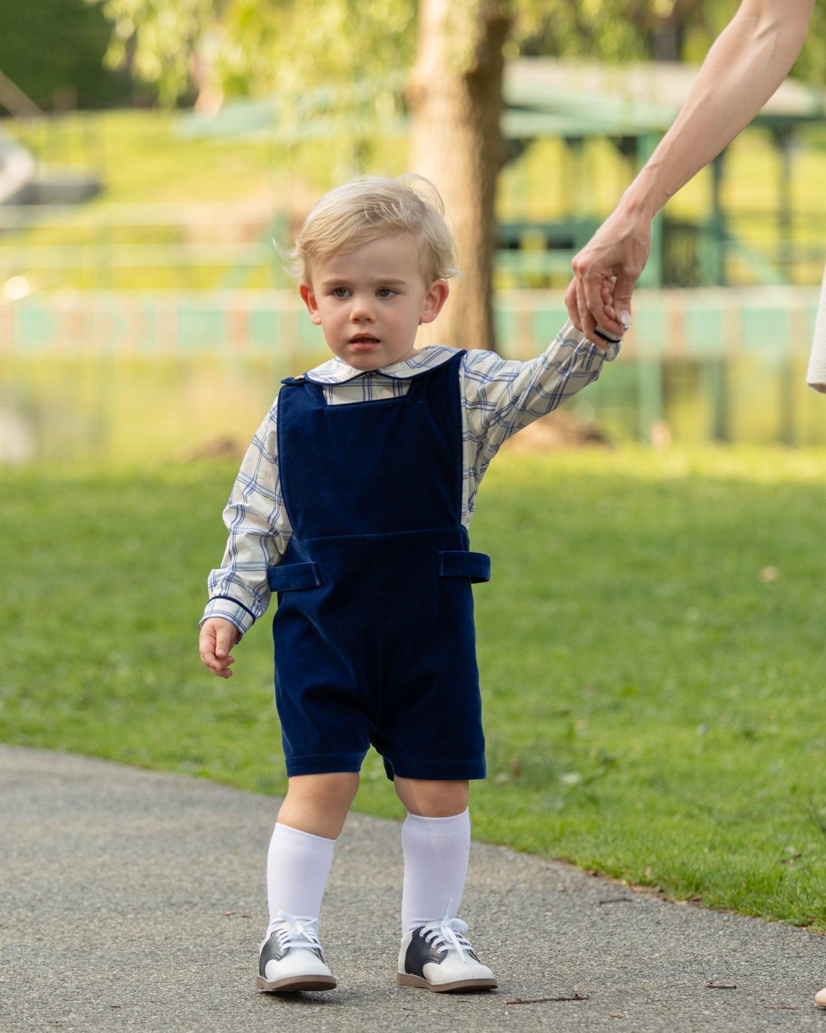 Henry Duvall James Henry Jon Jon in Back Bay Blue Velvet with HD gold buttons, classic baby boy holiday outfit with traditional silhouette and easy stride snaps