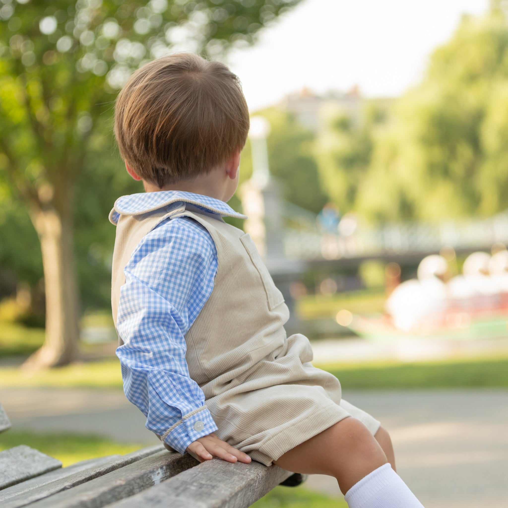 Henry Duvall Oliver Overalls in King’s Way Khaki Corduroy, classic toddler boys fall outfit with relaxed fit, perfect for layering with Peter Pan shirts or coordinating sibling looks