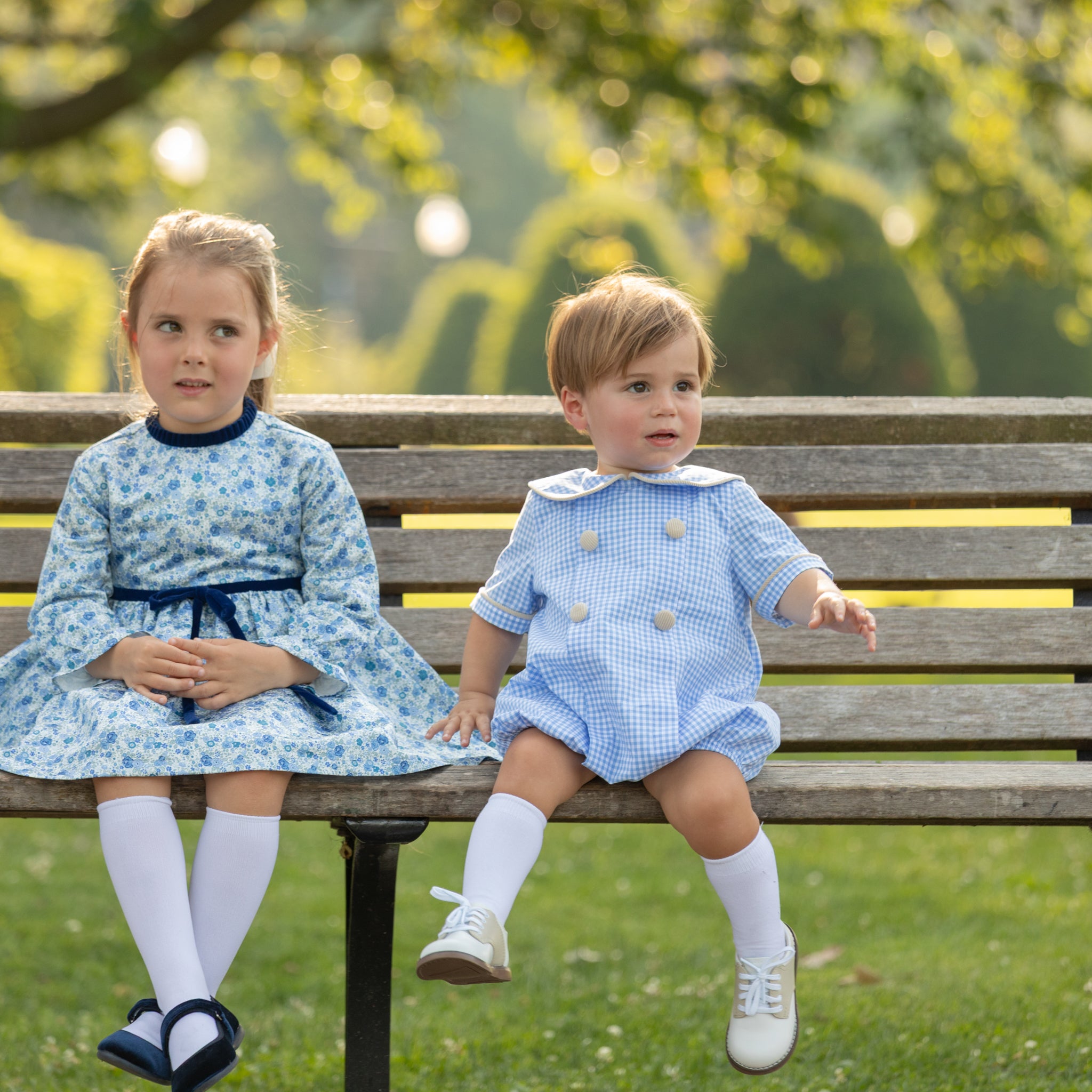 Henry Duvall Banks Bubble in classic blue Charles Street Check with King’s Way Khaki Corduroy trim, classic fall baby boy outfit with covered buttons and diaper snaps