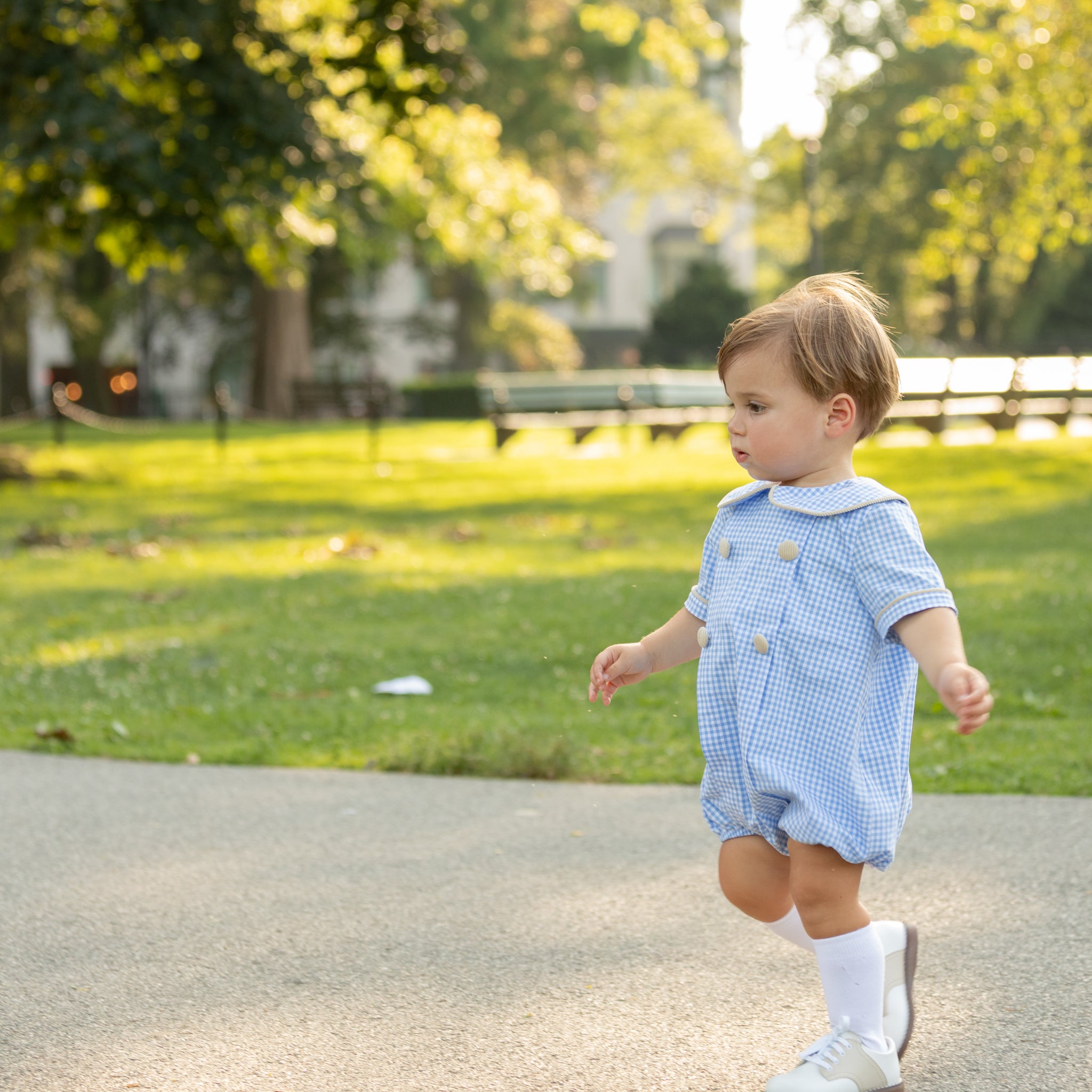 Henry Duvall Banks Bubble in classic blue Charles Street Check with King’s Way Khaki Corduroy trim, classic fall baby boy outfit with covered buttons and diaper snaps